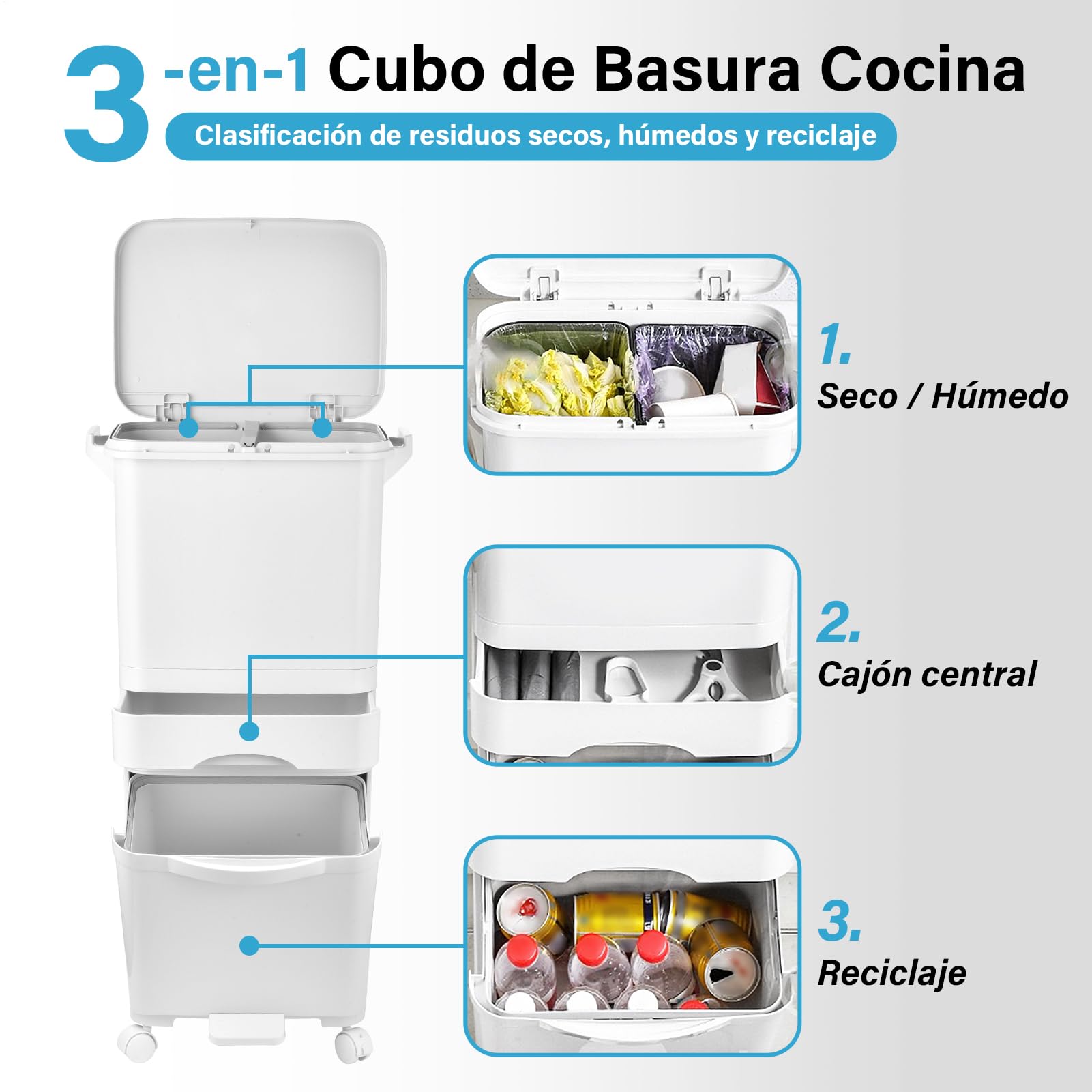 Cubo De Basura Cocina Multinivel 42L, cubo De Basura De Reciclaje Con Ruedas Bloqueables, Diseño Vertical Ahorrador Espacio, Separación Residuos Seco Húmedo, 3 En 1 Contenedor De Basuras De Cocina