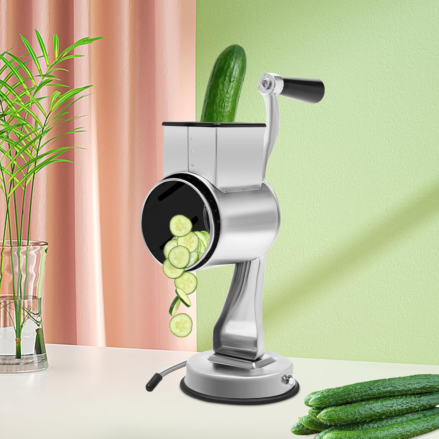 Rotary Cheese Grater, Stainless Steel Vegetable Chopper Hand Drum Slicer with 5 Blades Handle Non-slip Suction Base for Restaurants Home Kitchen