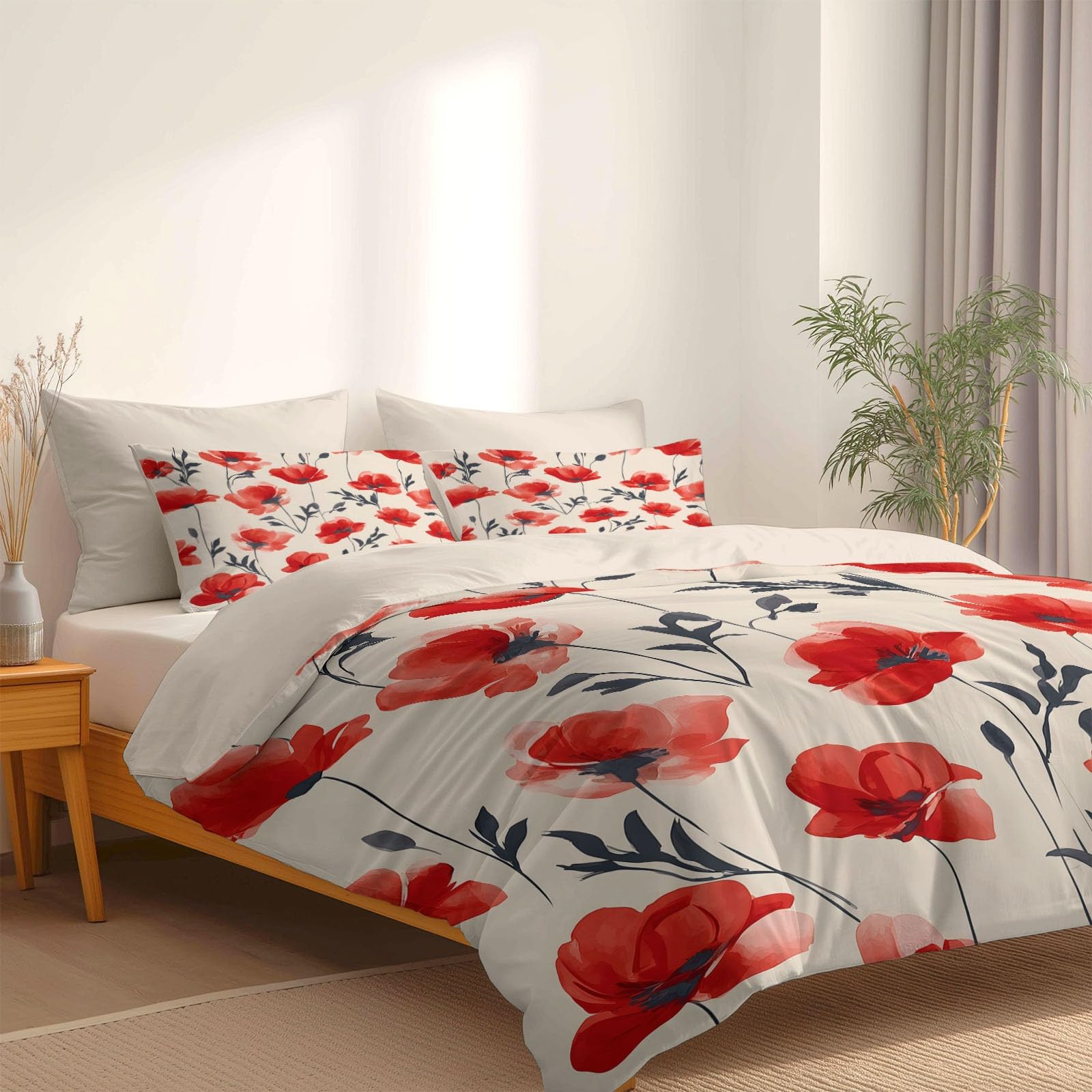 Generisch Nordischer Minimalismus 3-teiliges Bettwäsche-Set, 1 Bettbezug 240 x 220 cm und 2 Kissenbezüge 80 x 80 cm, Beige, Sommer Blumen, Pflegeleicht, Erwachsene, Schlafzimmer