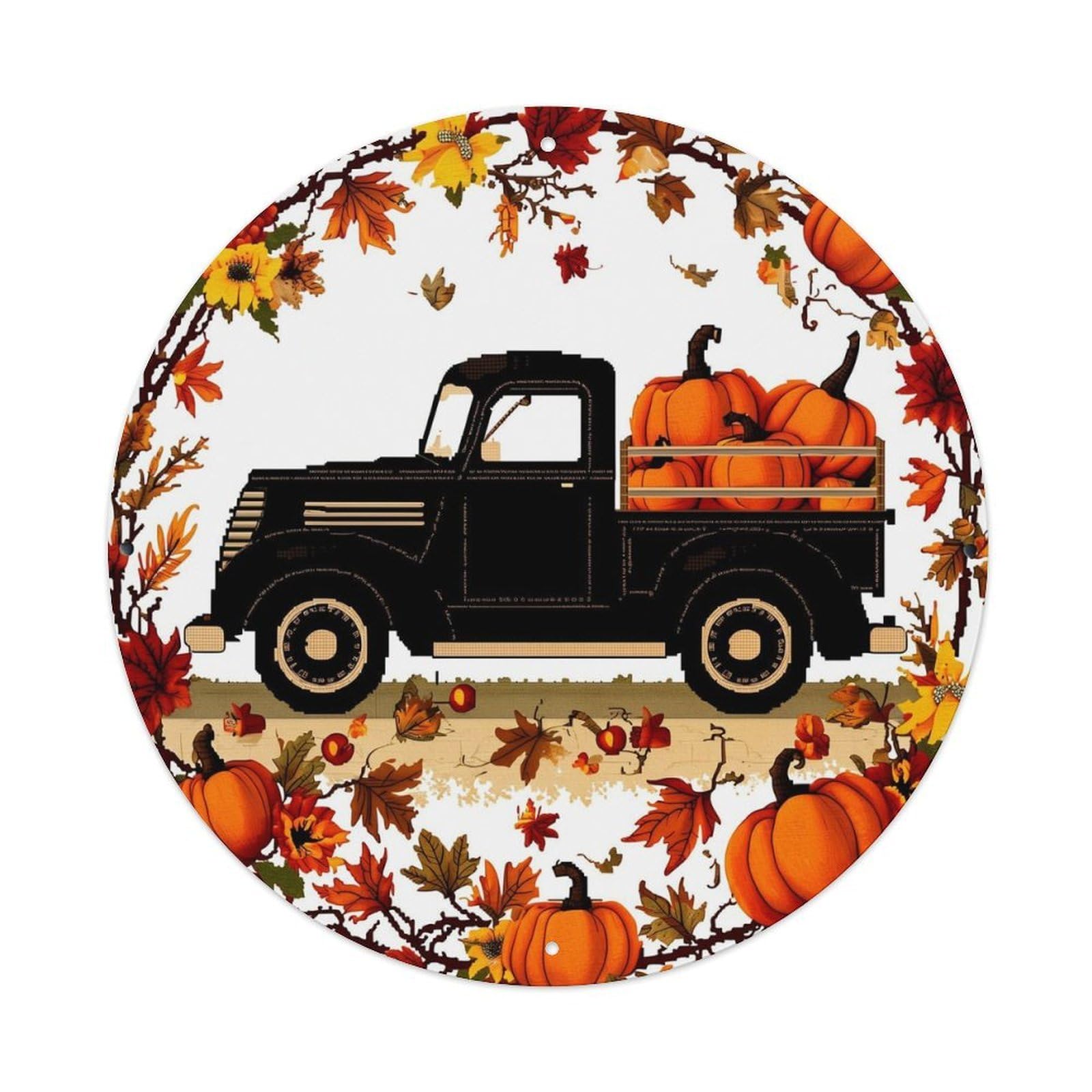 Vintage Truck Pumpkin Autumn Wreath Retro Metal Tin Sign, Vintage Metal Poster for home, Gaming Room, Studio Workshop,Bar,Garage Wall Art Decor 8x8 inch