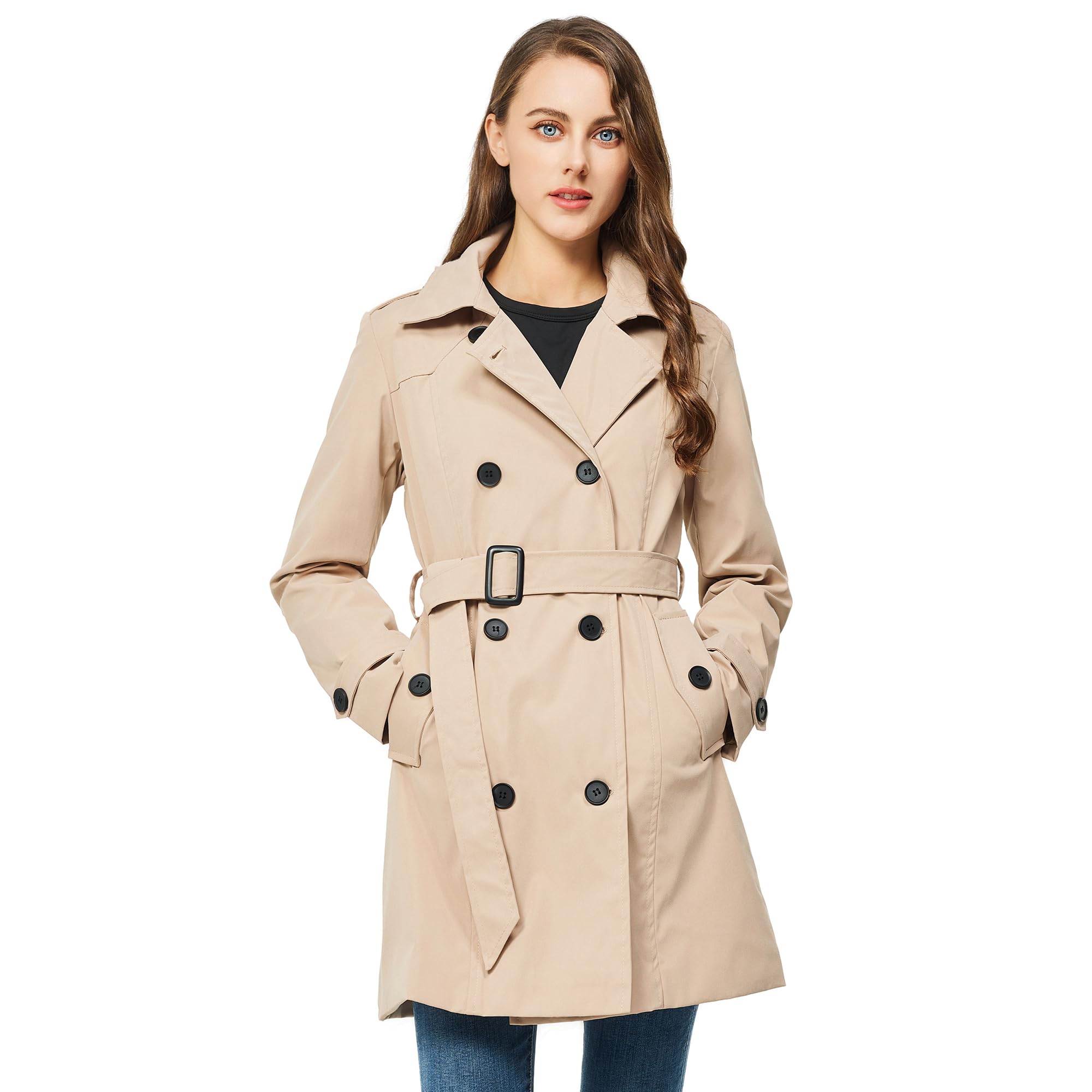 TRATENBYWomen's Trench Coat Long Double Breasted Peacoat for Outerwear Trench Knee Length T D92 Women Trench Coats