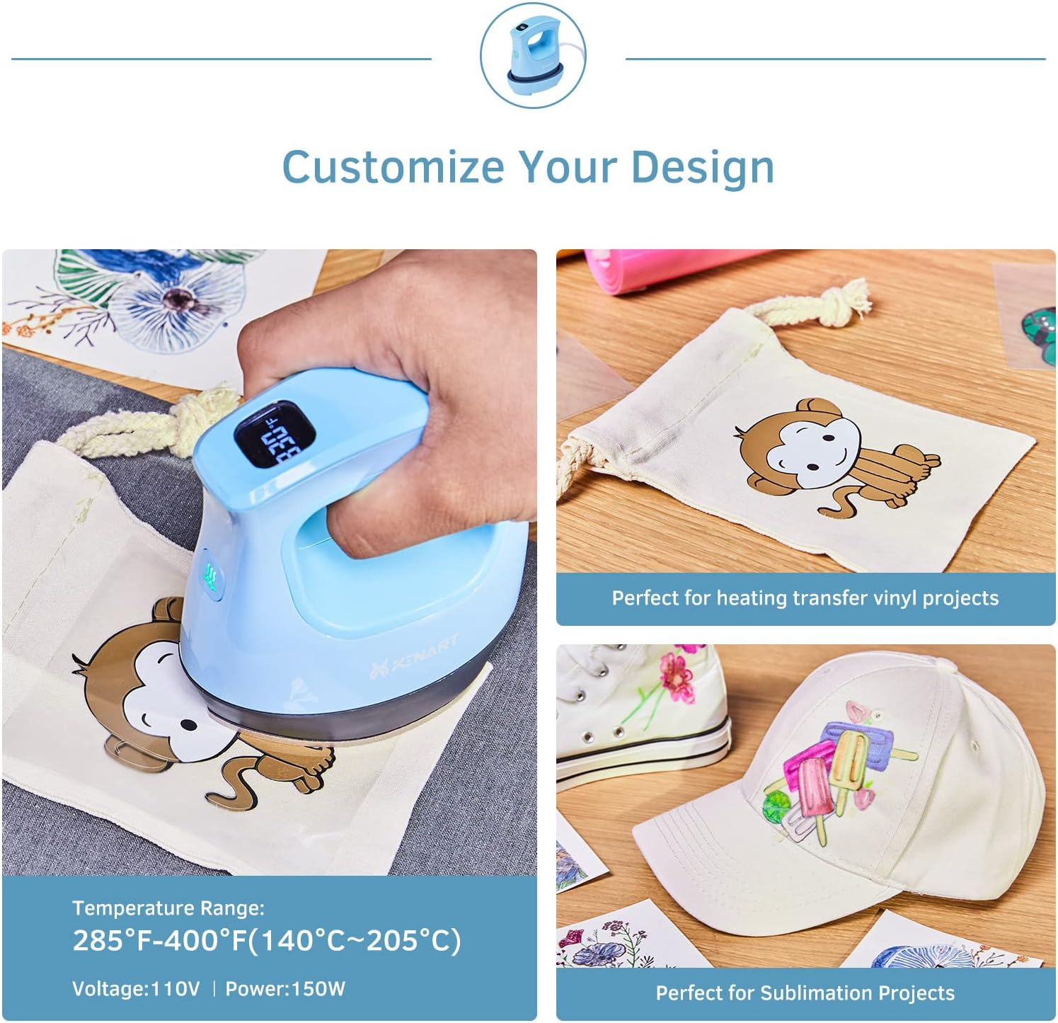 Xinart Mini Heat Press Small Heat Press Machine for T-Shirts (Temp: 285℉-400℉) Mini Iron Press Portable Heat Press for HTV Vinyl and Sublimation Projects-Blue…