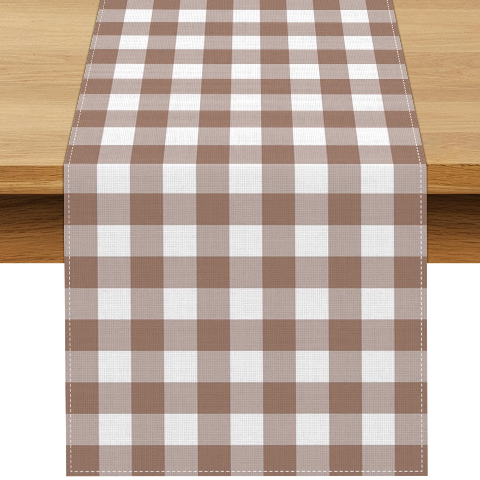 Khaki Gingham Table Runner Light Brown Khaki and White Checkered Birthday Wedding Baby Shower Party Decoration BBQ Picnic Home Kitchen Table Decor (13" x 72")