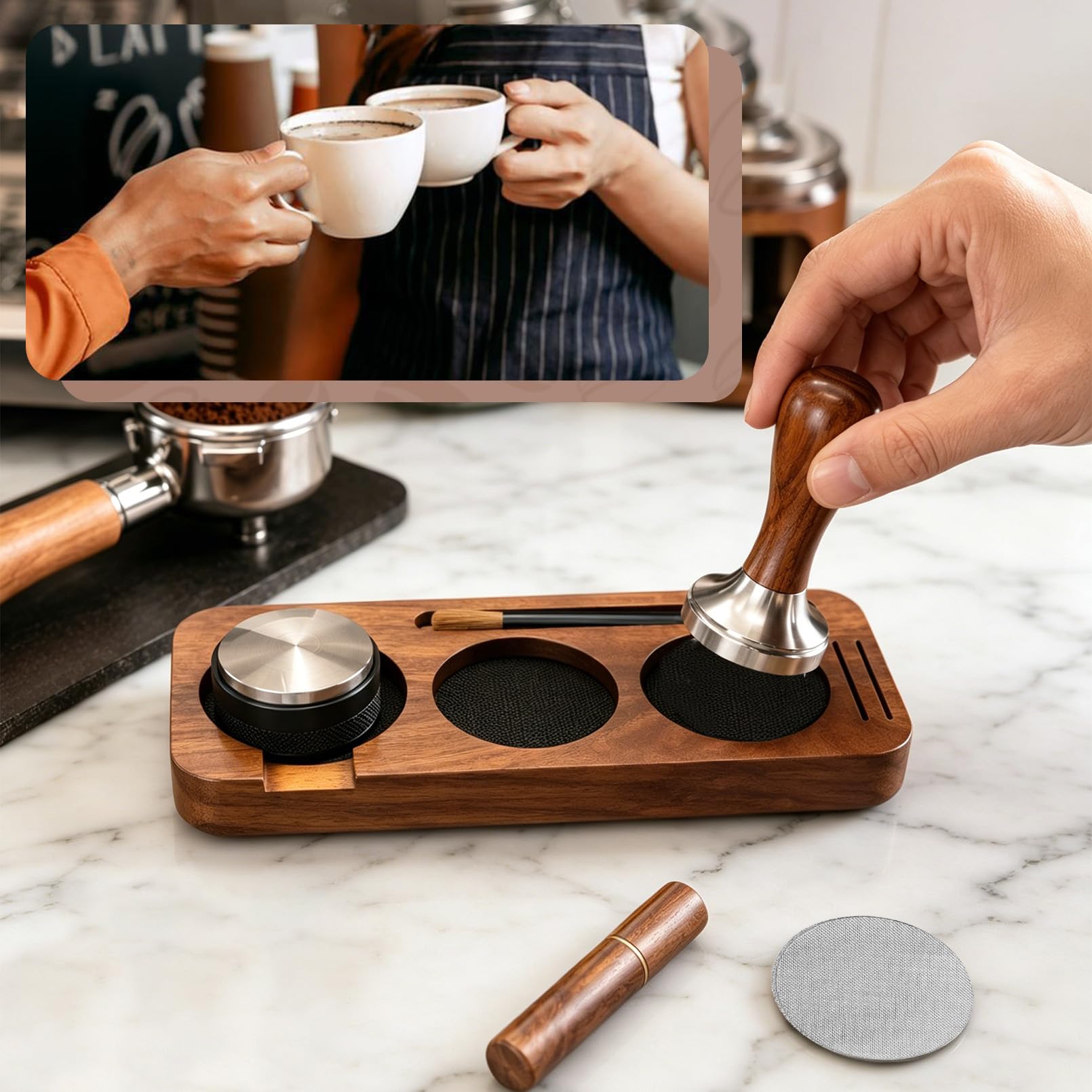 Juego de accesorios para café expreso de 51 mm, juego de 7 piezas – Tamper, distribuidor, anillo dosificador, herramienta WDT, cepillo, pantalla de disco y tamping para portafiltros, juego