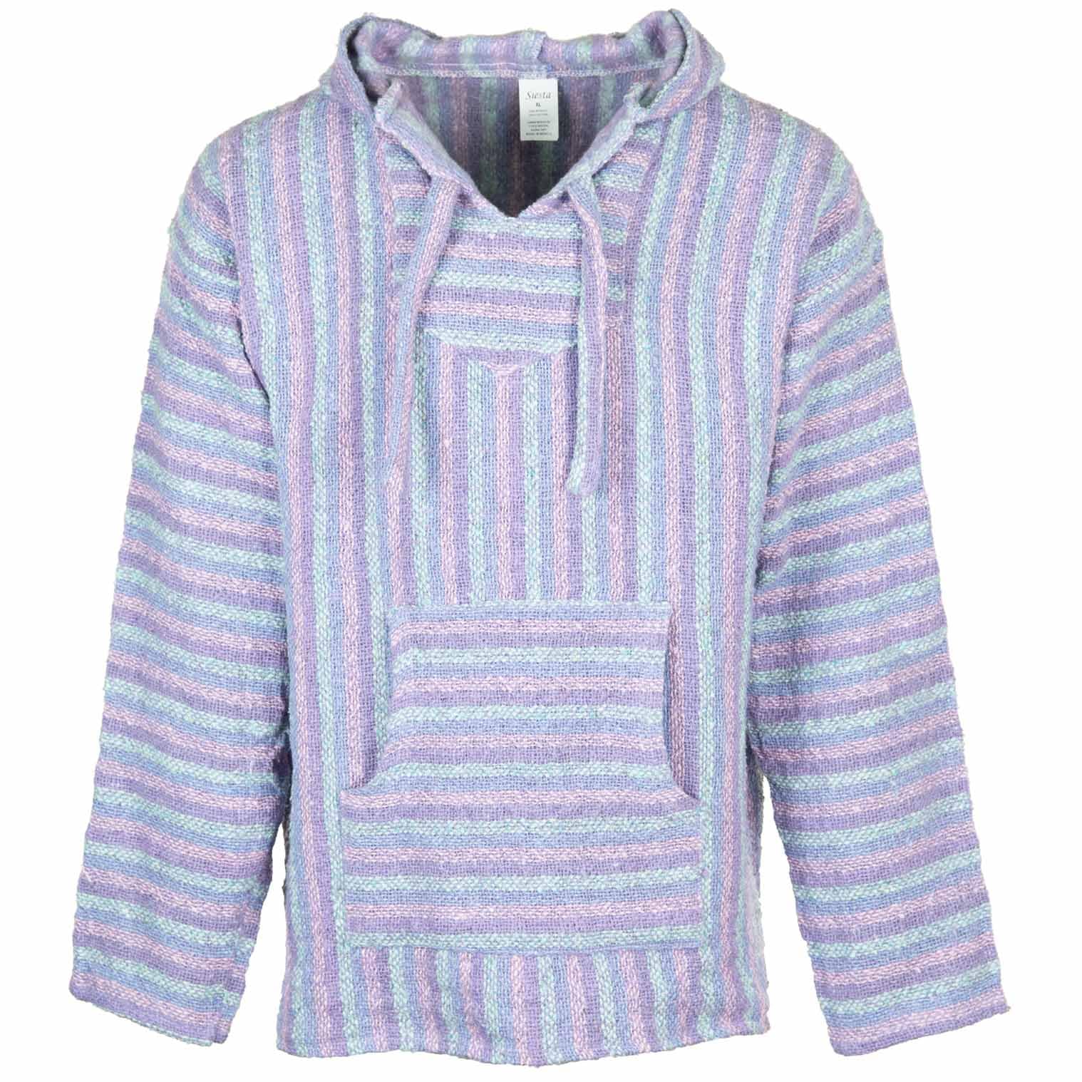 Siesta Mexican Baja Jerga Hoodie Hippie Festival Top in Soft Pastel Pink Stripe (XXL)