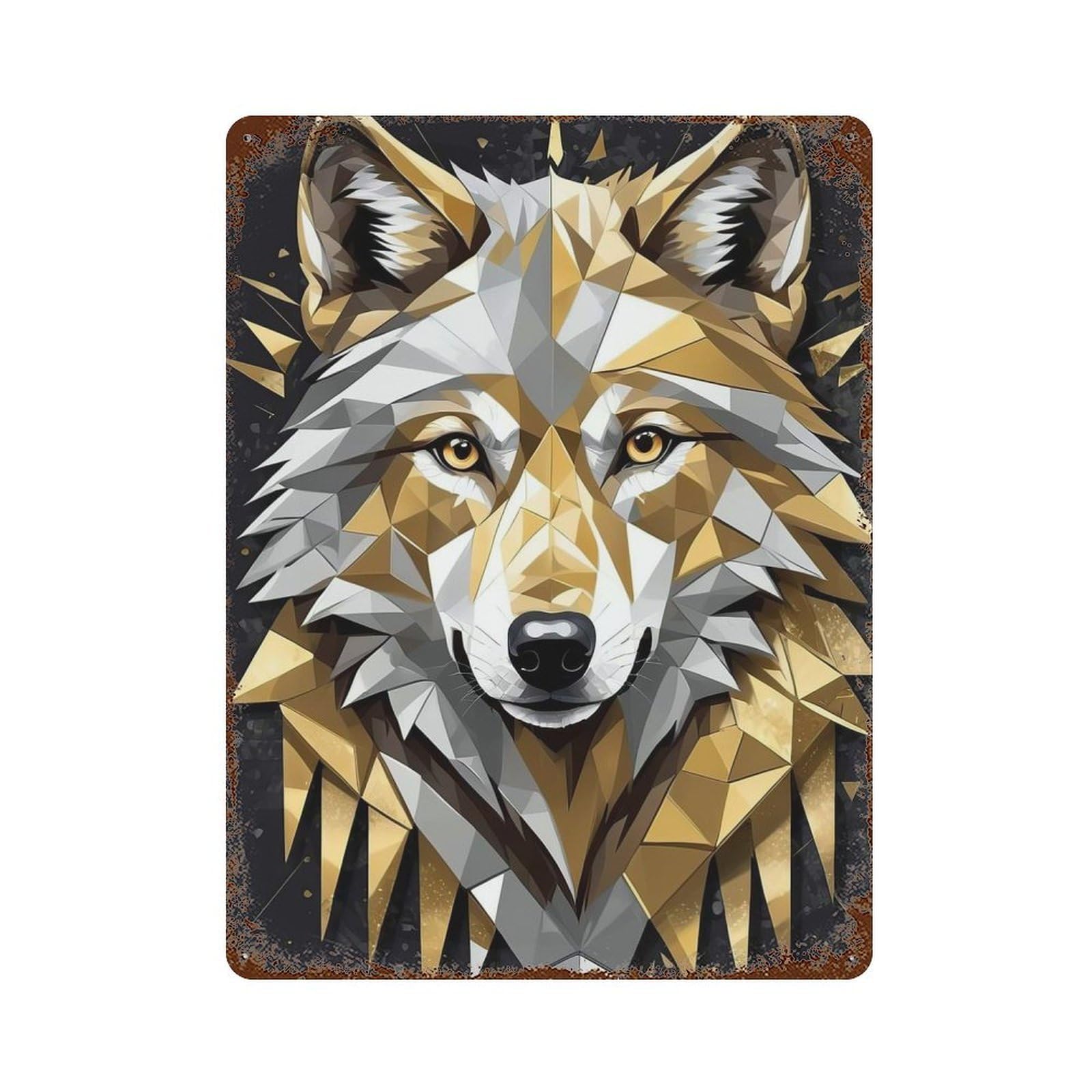 Golden Wolf Portrait 15.7"x11.8" Weathered Tin Sign, Rustic Home Decor for Living Room, Hallway And Home Decor