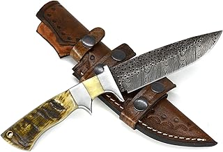 Nooraki HK-81 Handmade Damascus Hunting Knife Ram Horn Handle With Leather Sheath Full Tang Fire & Raindrop Pattern - Nooraki