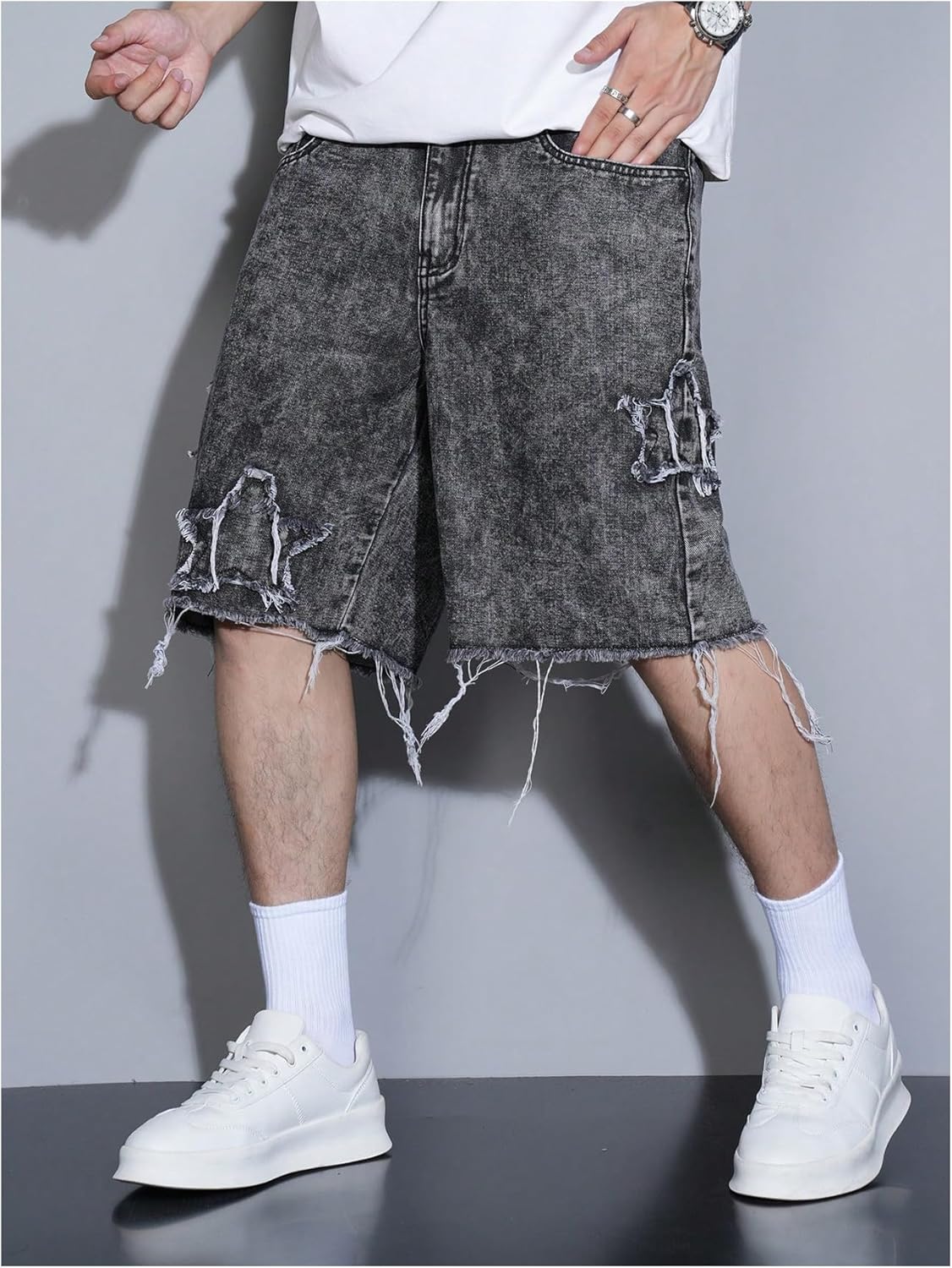 Men's Star Distressed Denim Shorts Straight Leg Streetwear Loose Jean Shorts - Image 4