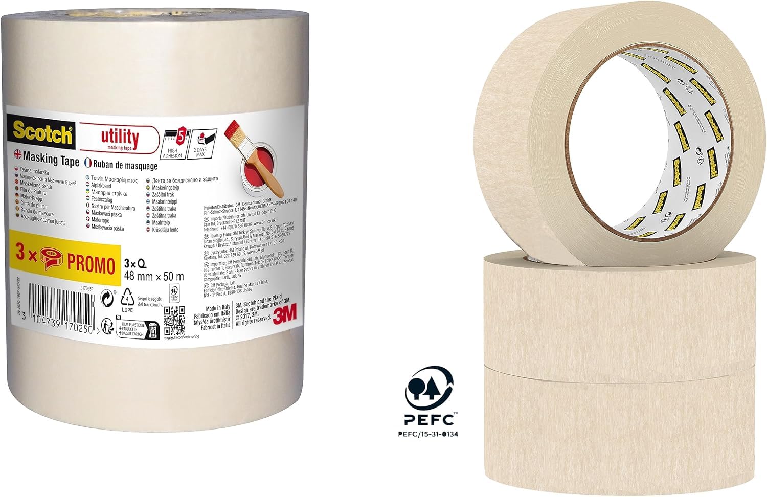 Scotch Utility Cinta de Enmascarar, Beige - 48 mm x 50m, 3 Rollos/Paquete, 70% PEFC