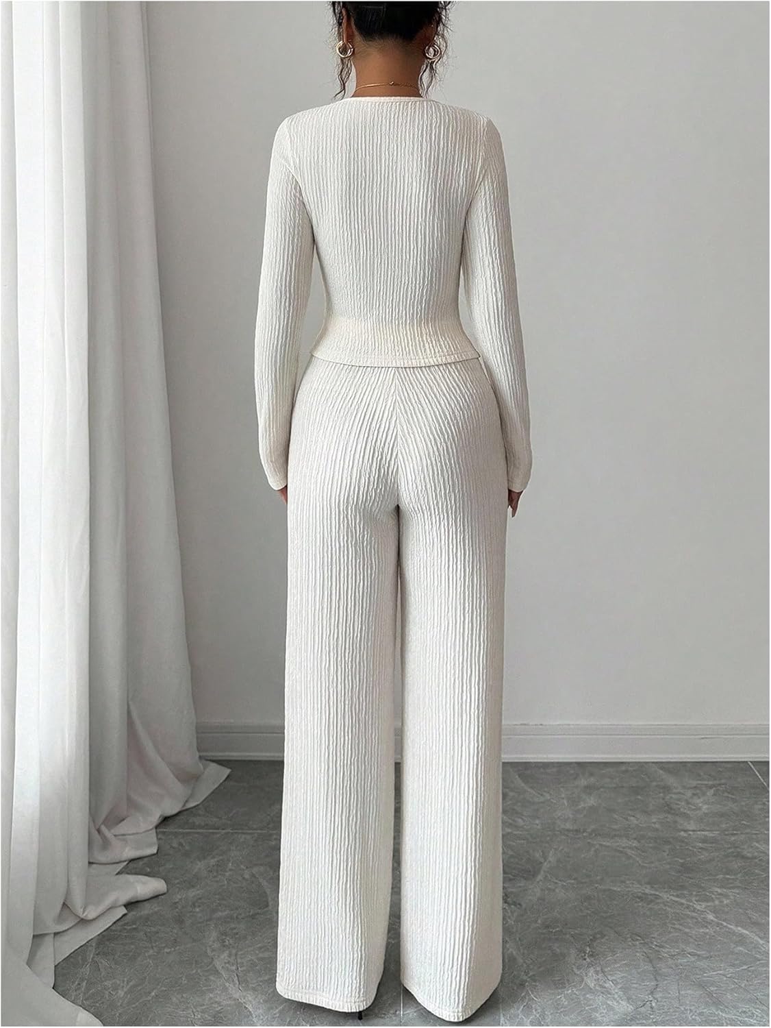 SweatyRocks Women's 2 Piece Outfits Square Neck Button Front Long Sleeve Top and Straight Leg Pants Sets - Image 3