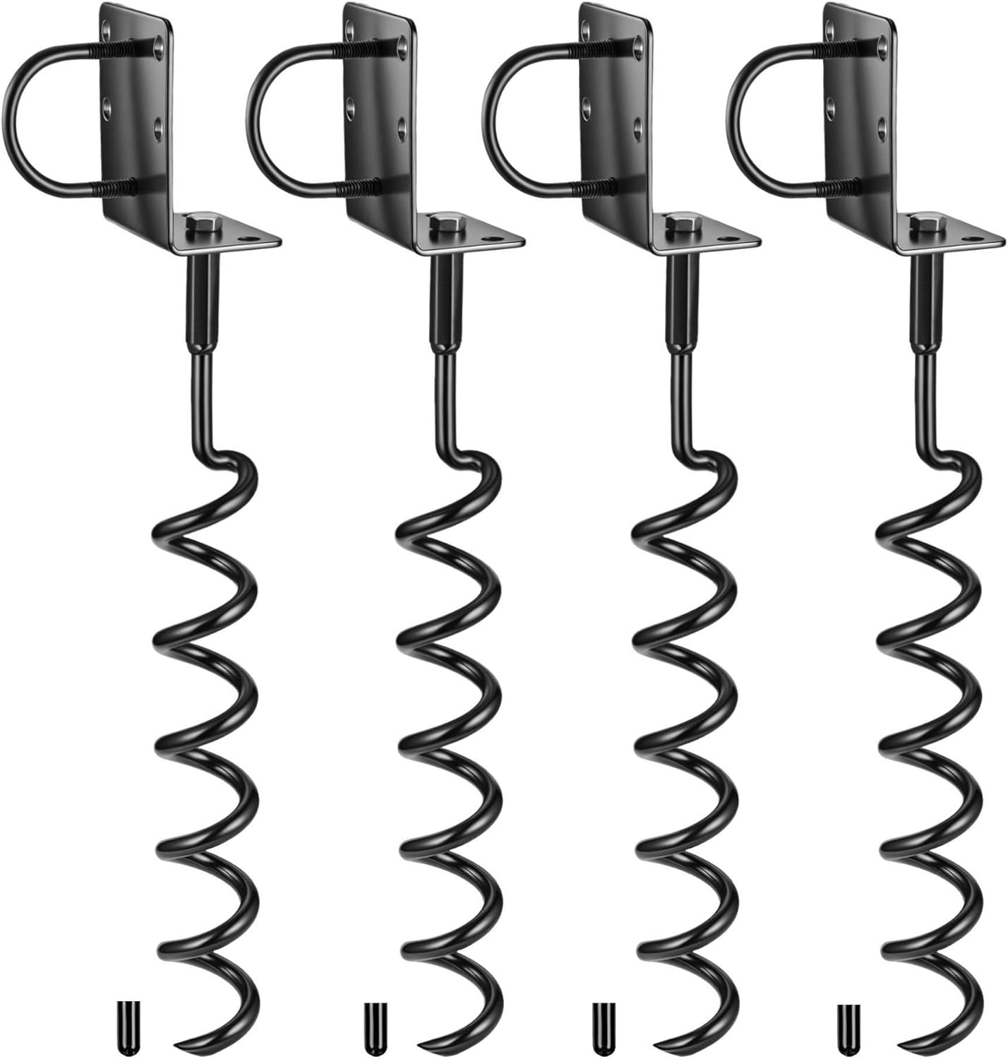 20" Heavy-Duty Trampoline Anchors (4-Pack),10mm Diameter Black Spiral Screw-In Ground Stakes, Built for High Wind Resistance(Black, 4 Pack-20'')