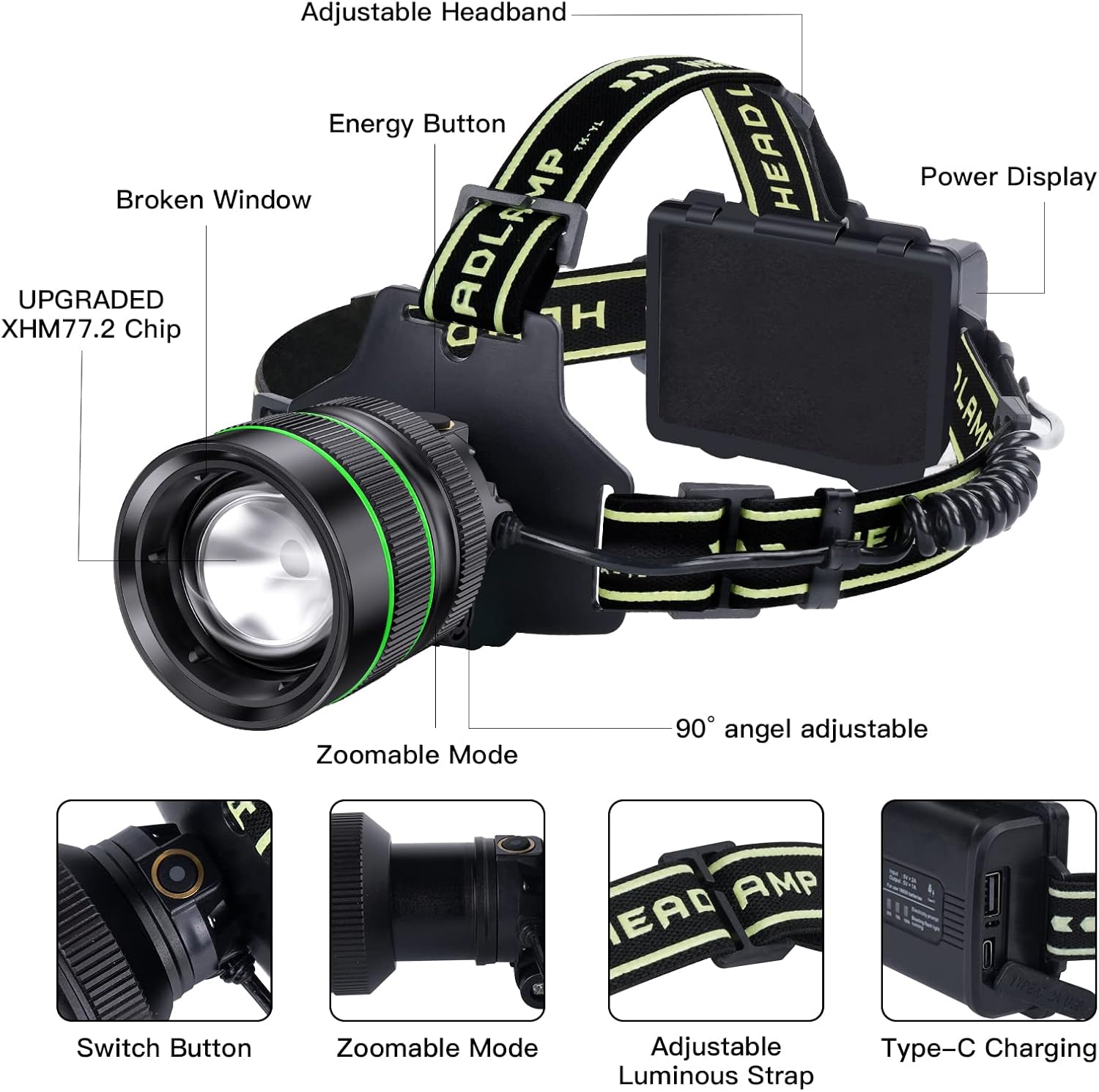 2000LM Super Bright LED Rechargeable Headlamp, Zoomable Head lamp with 5 Lighting Modes, 90° Adjustable & IP67 Waterproof for Camping | Hiking | Climbing | Fishing | Hunting | Auto Repair - Image 6