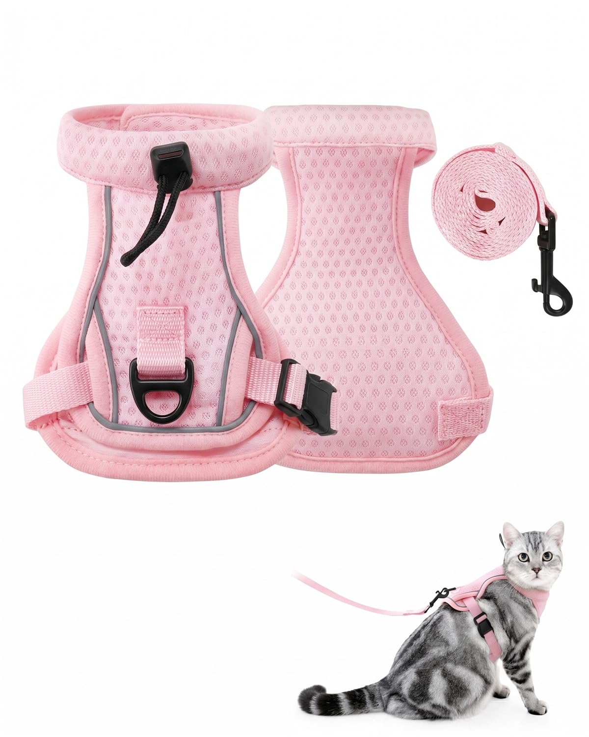 Harness for Cats Anti-Escape S Pink with Leash for Cats of 1.4 m, Small and Adult Cat Harness, Adjustable in Breathable Reflective Mesh for Walks and Outings to the Outdoors