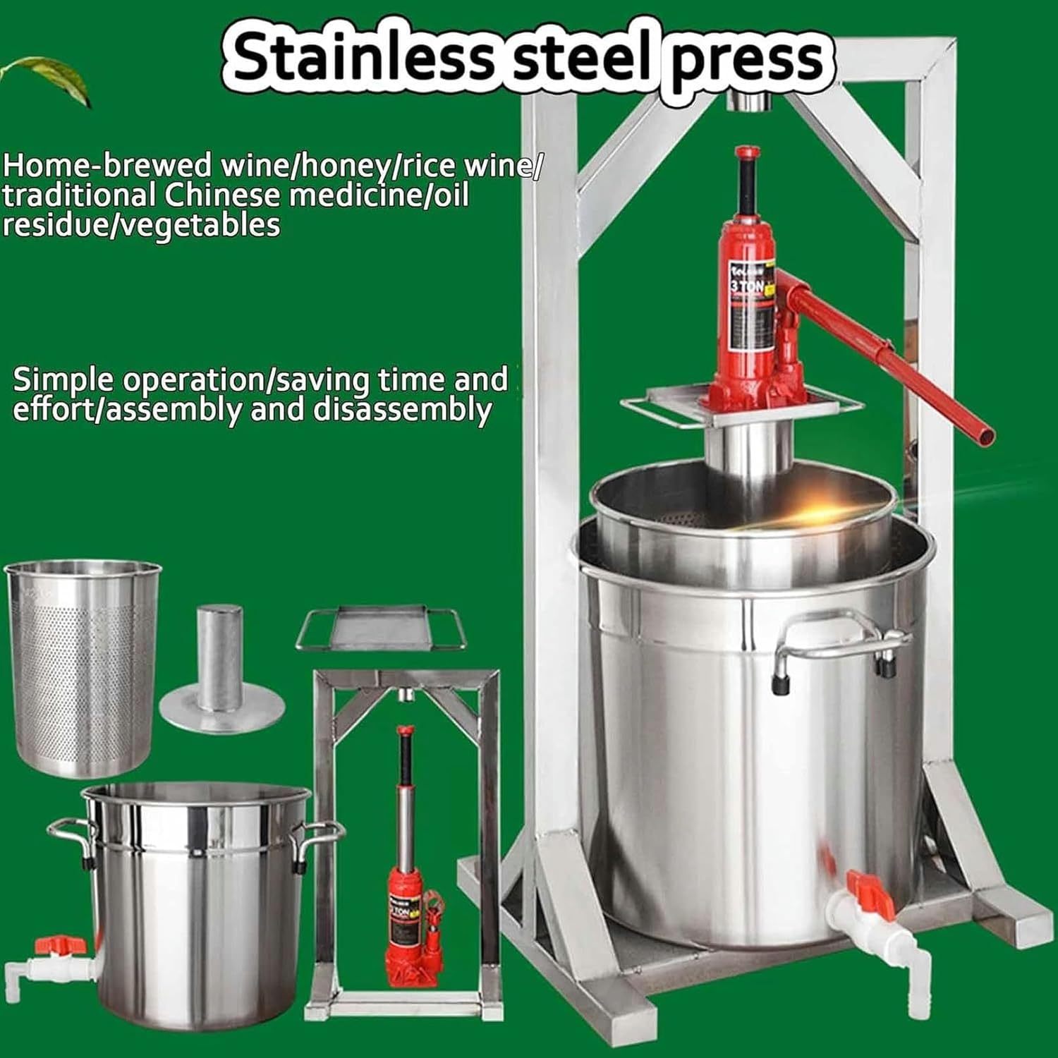 Grape Press, Fruit Grinder Crusher, Stainless Steel Winemaking Tools, Pressing Apple Wine Press, for Queeze Honey, Chili Oil, Cooked Chinese Herbs and Rice Wine, 22L