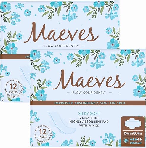 Maeves Almohadillas sanitarias ultrafinas para mujer, suaves y sedosas, altamente absorbentes, con alas, para flujo ligero a moderado, 36 unidades