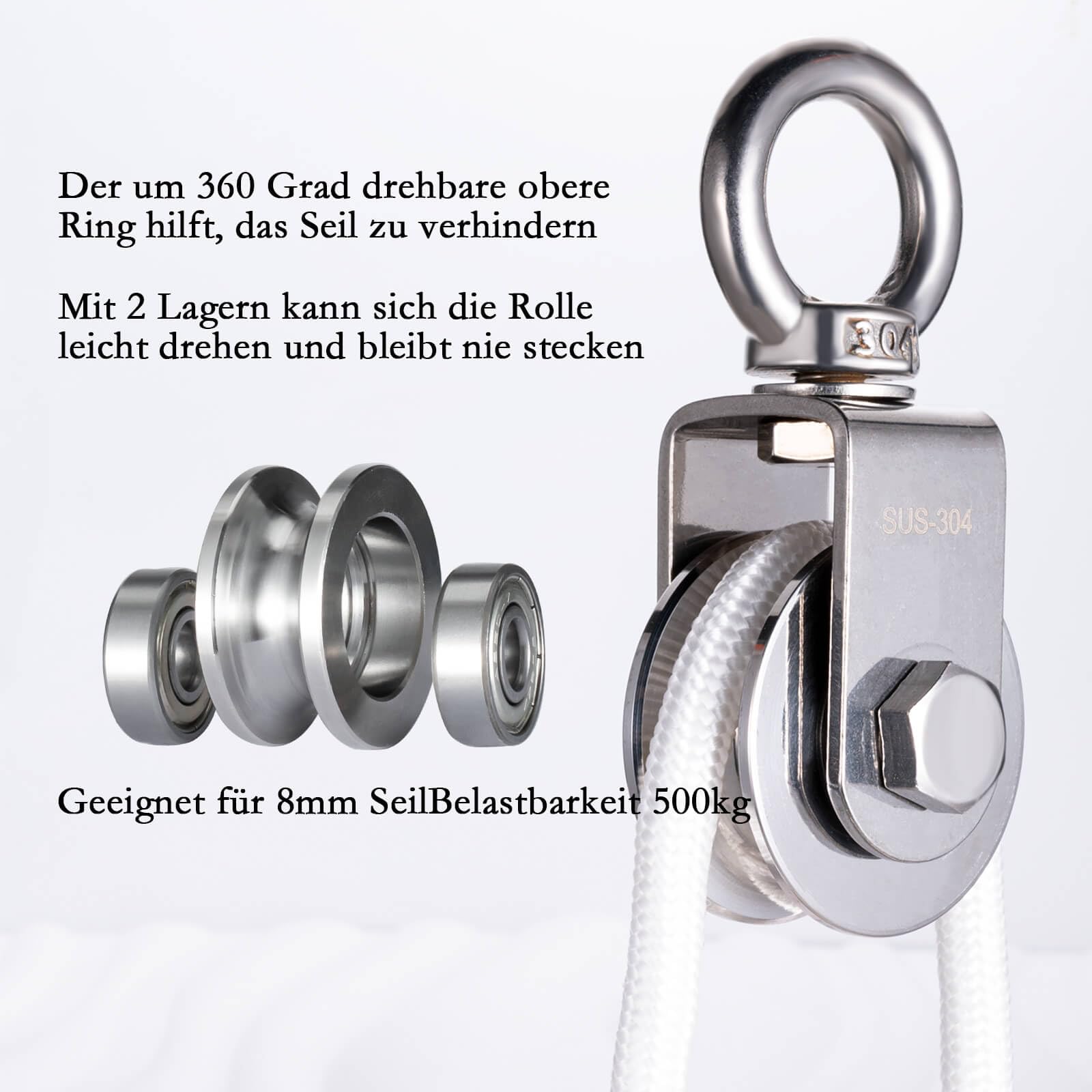 Umlenkrolle mit 2 Kugellager, Edelstahl Flaschenzug mit 10m/8mm Nylonseil, Tragfähigkeit 500 kg
