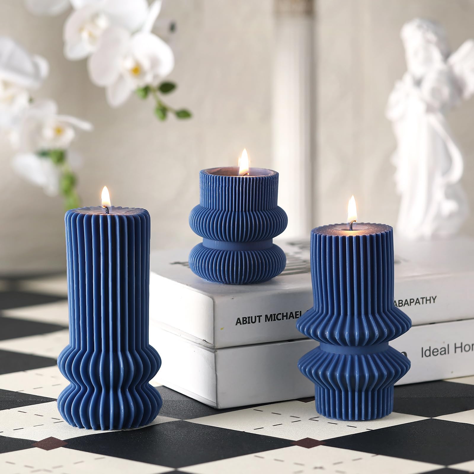 MTLEE 3 Pcs 4.7, 4.2, 3.2 in Height, Small Ribbed Pillar Candles Scented Aesthetic Modern Decorative Soy Wax Candles for Wedding Dinner Christmas Home Decor(Navy Blue)