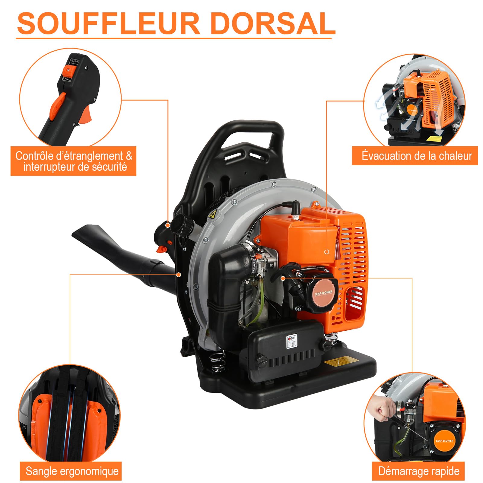Souffleur Thermique 2 Temps 63 CC, Souffleur Feuille Thermique à Dos à Neige Haute Résistance pour l'Extérieur, Orange-A
