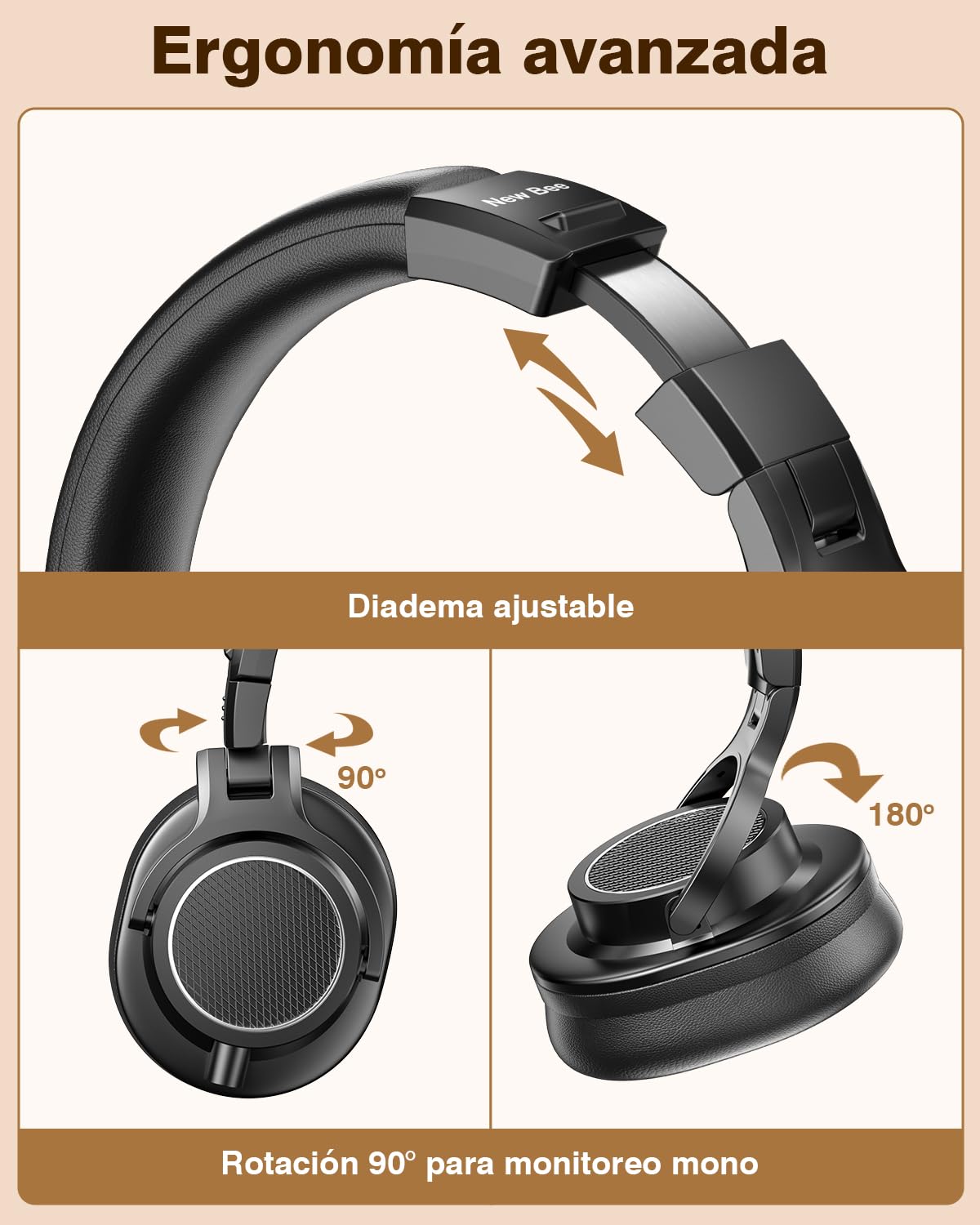 New Bee - Auriculares de estudio, auriculares over-ear con controladores de 50 mm y cable, auriculares de cable con conector de 6,35 y 3,5 mm para estudio, DJ, podcast, monitor