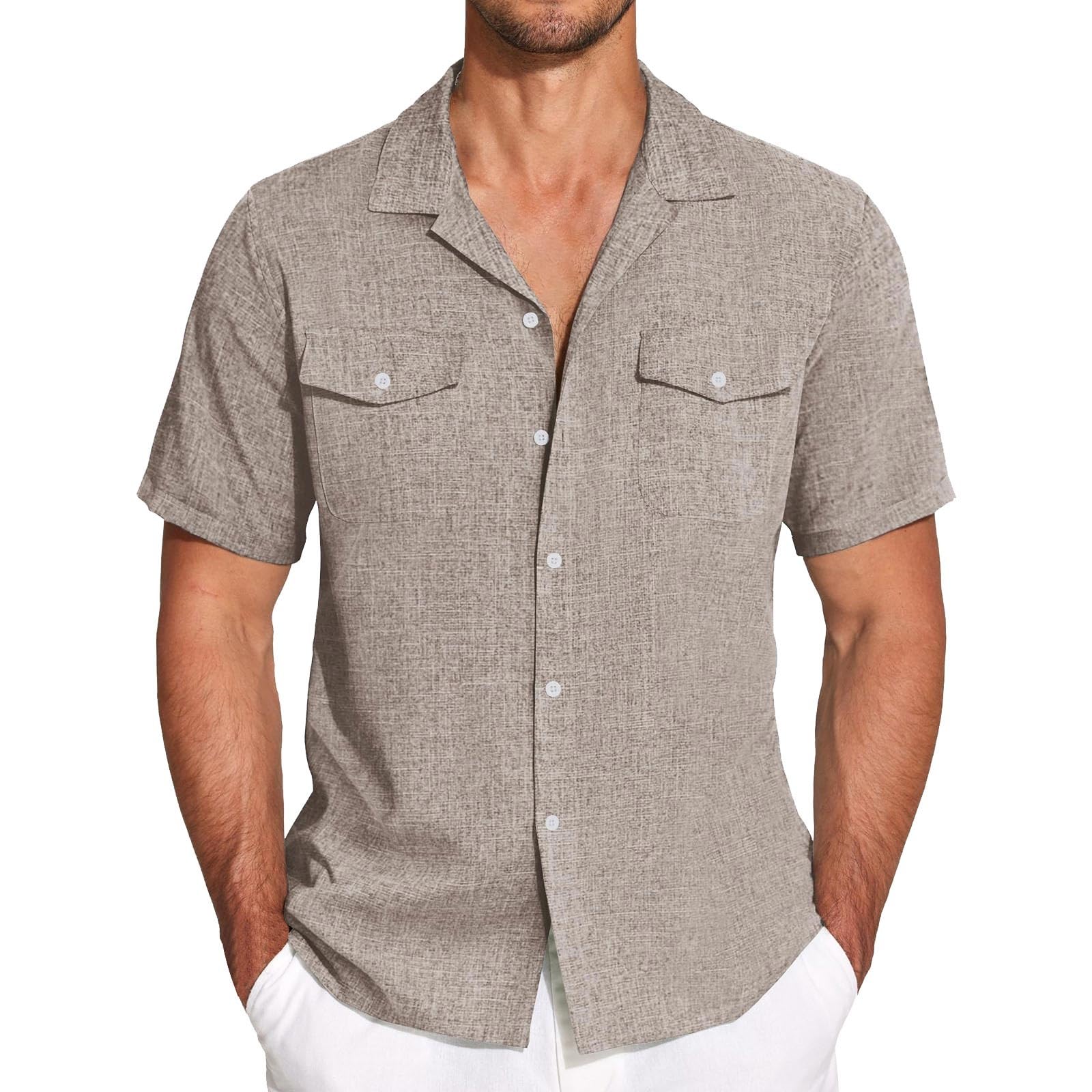 Generico Camicia Uomo Manica Corta Estate Camicie Uomo Casual Regular Fit Spiaggia Camicette di Lino Uomo