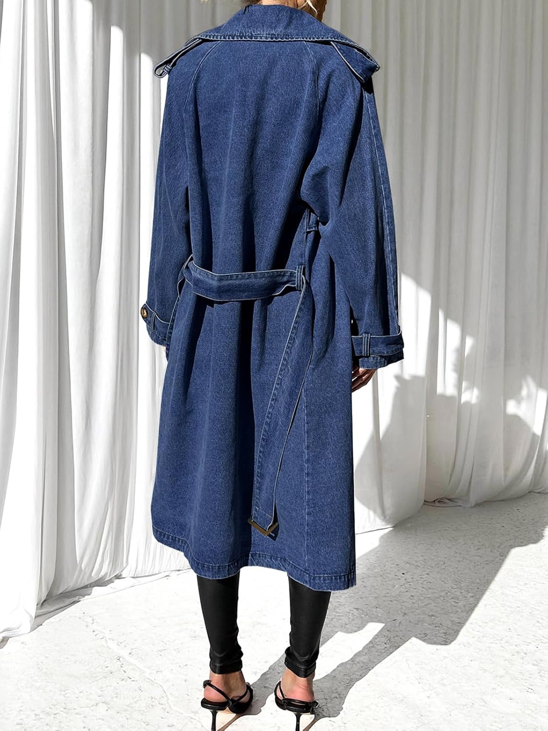 Fazortev Women's Long Double Breasted Denim Jacket Oversized Button Down Maxi Jean Coat Classic Lapel Outercoat - Image 2