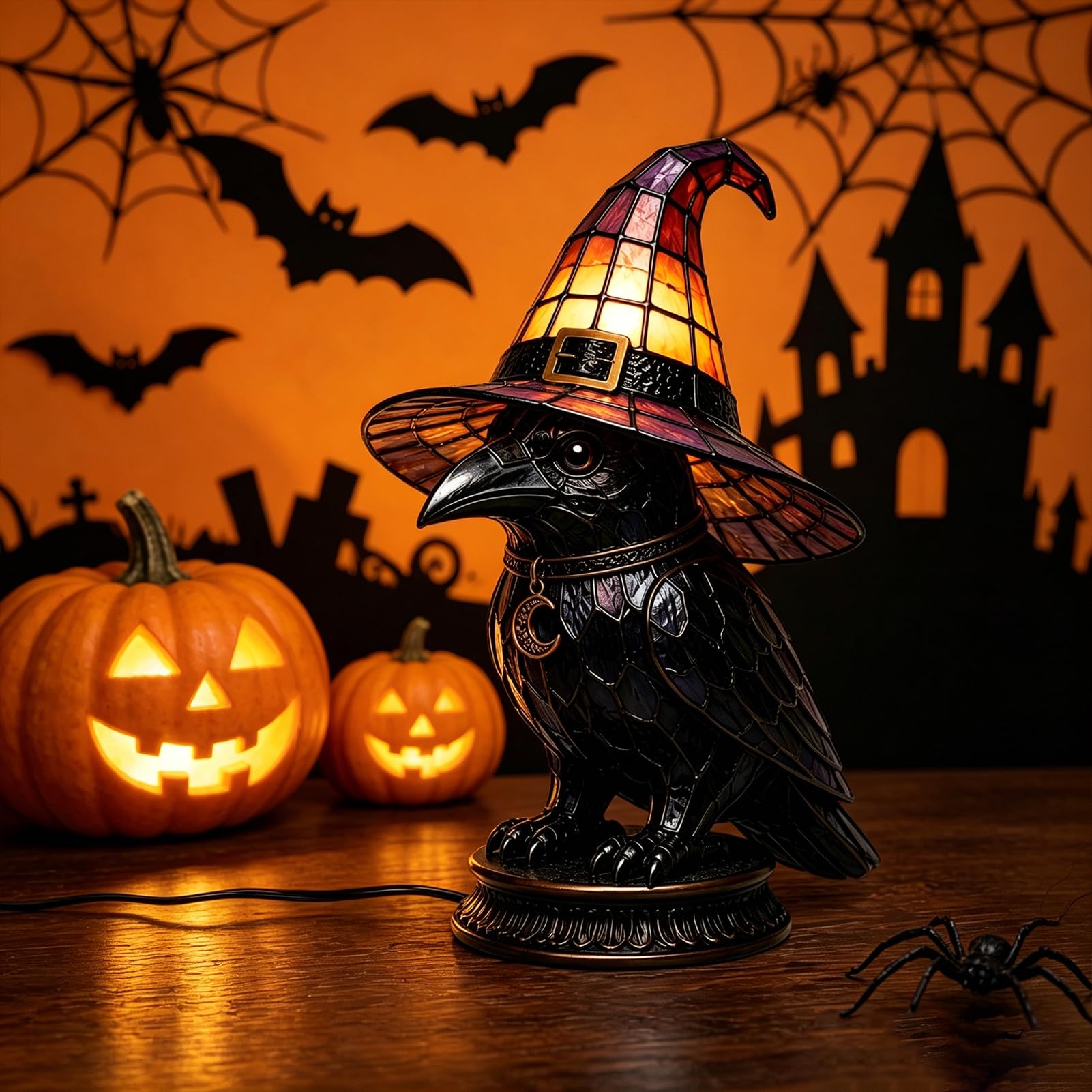 sexaoalx Stained Glass Witch Hat Lamp, Gothic Black Cat Night Light