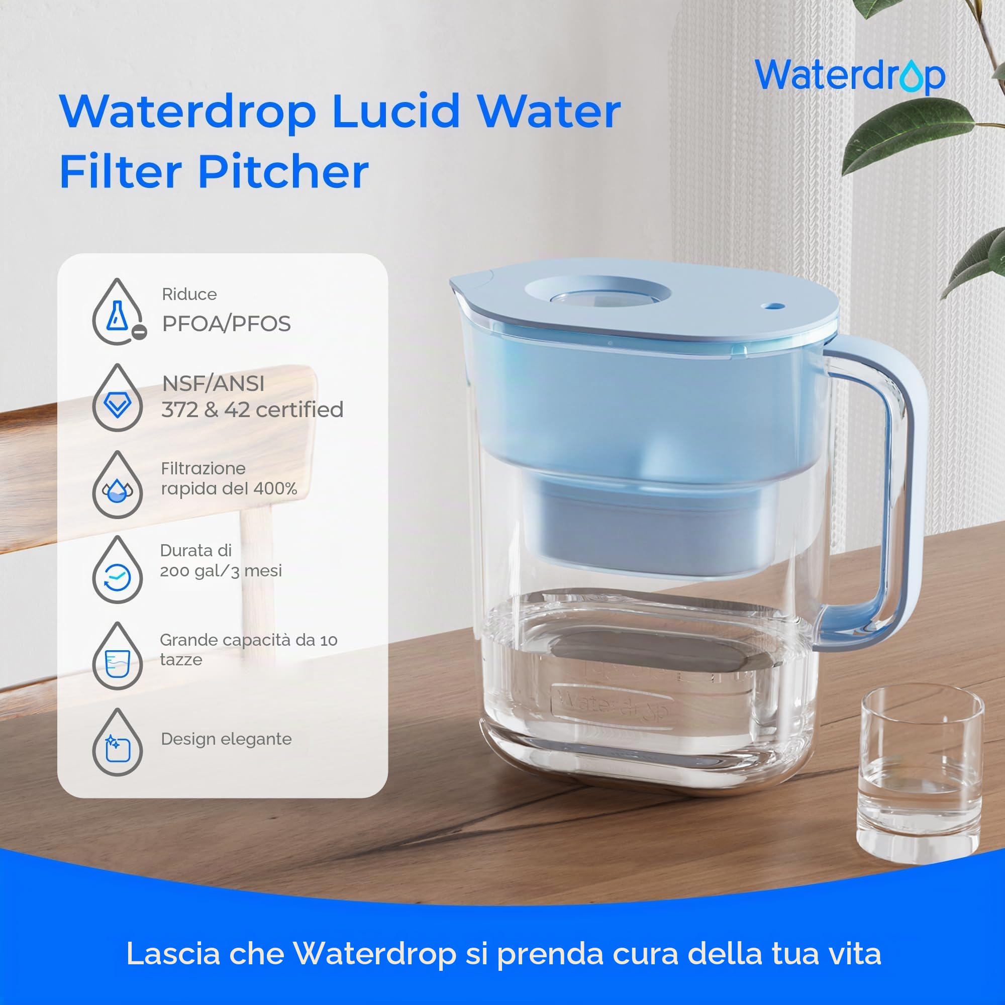 Waterdrop Lucid NSF Certificato 3.5L Caraffa Filtrante Progettata con 1×90 Giorni Filtro, Riduce Piombo, Fluoro, Cloro e Altro, Senza BPA, Blu (Filtro di Ricambio: WD-PF-01A Plus)
