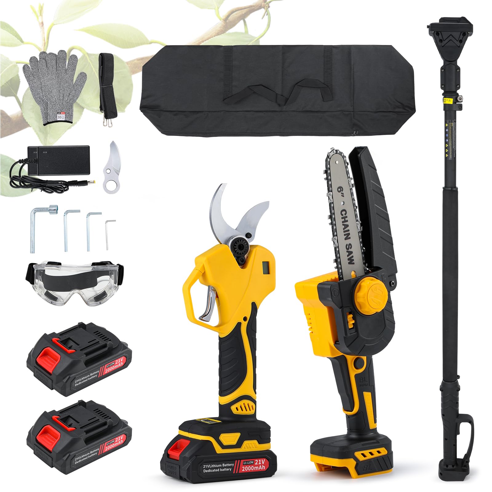 Moongiantgo 3-en-1 Tijeras de Podar Telescópicas y Motosierra Telescópica Electrica, Tijeras de Poda 6,5cm & Motosierra 15cm con Pértiga Telescópica 2m, 2x2000mAh, Bolsa Almacenamiento