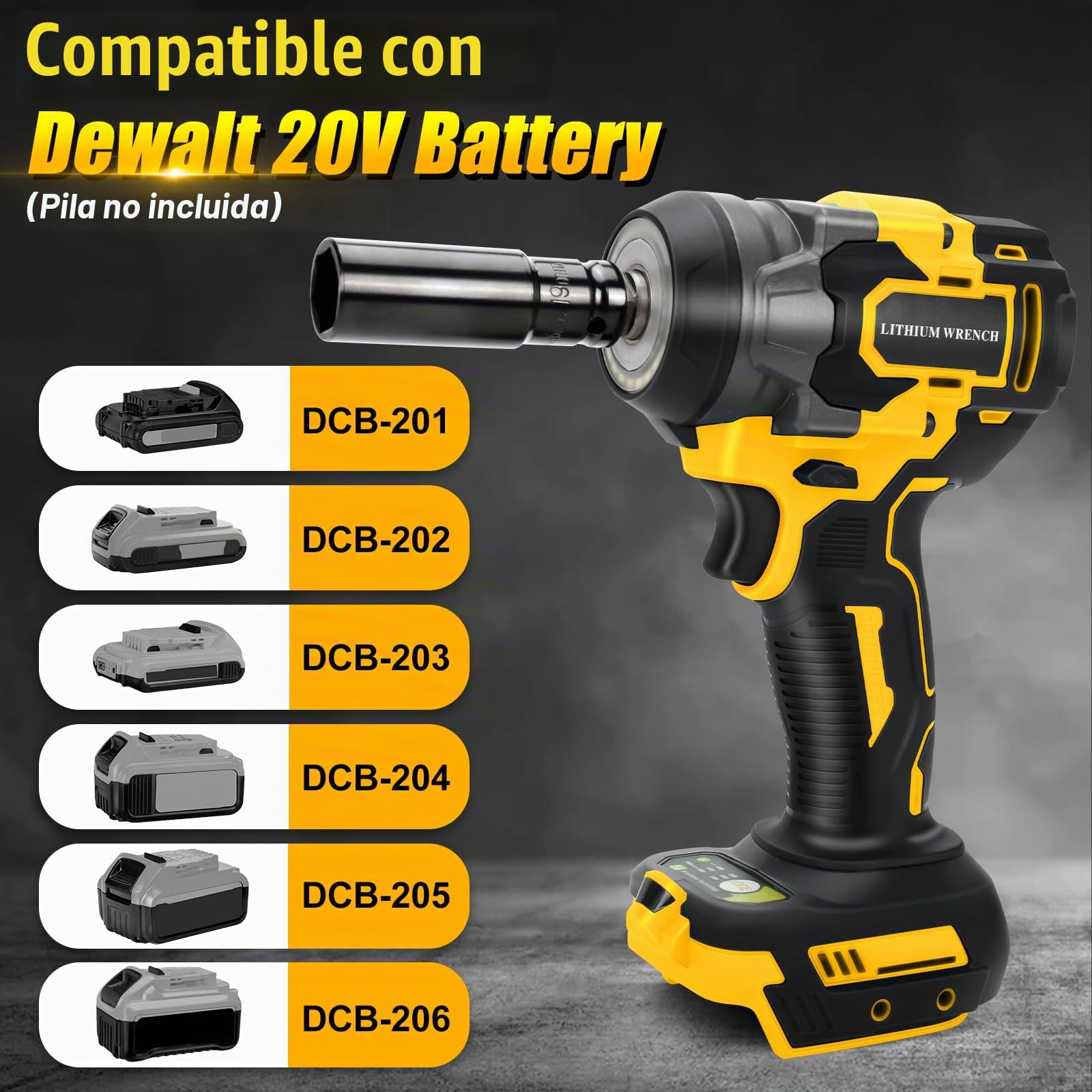 Llave de Impacto Inalámbrica Brushless compatible con Dewalt 18 V 20 V | (sin batería) 1/2" Llave de Impacto Eléctrica Destornillador de Impacto Casquillos llave de impacto