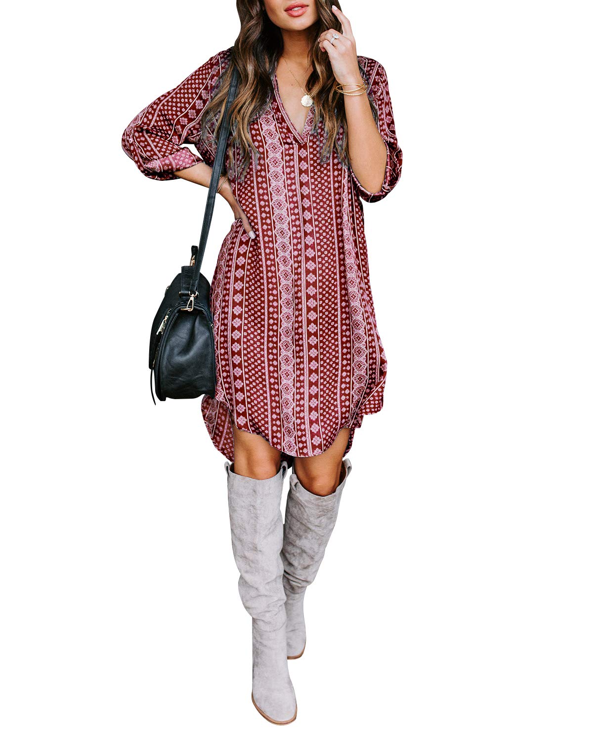 YOINS Sexy Kleider Damen Kurzarm leinenkleid Damen Sommer V-Ausschnitt Strandkleider Blumen Blusenkleid Knielang Sommerkleider für Damen