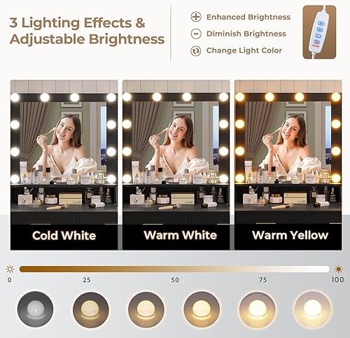 Miniatura 3 de Escritorio de maquillaje con espejo y luces, tocador negro con luz ambiental y estación de carga, mesa de tocador con cajones, estantes y tocador,