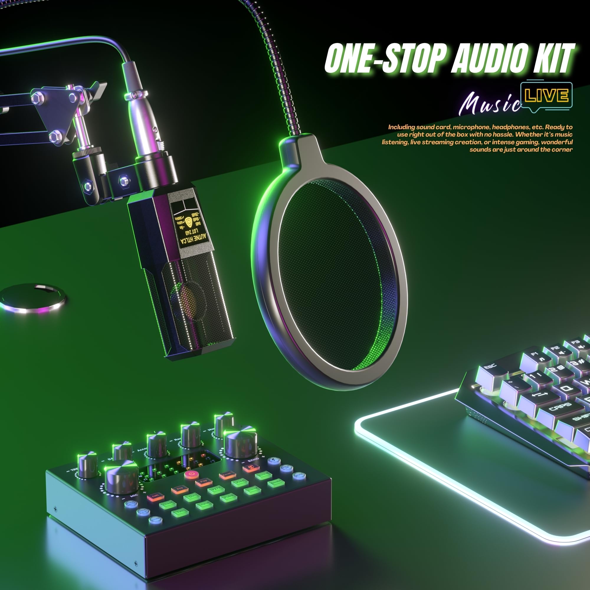 Ensemble d'équipement de podcast, interface audio tout-en-un avec mixeur DJ et microphone de podcast de studio, kit de micro à condensateur pour PC, tablette, smartphone, karaoké, jeu, équipement de