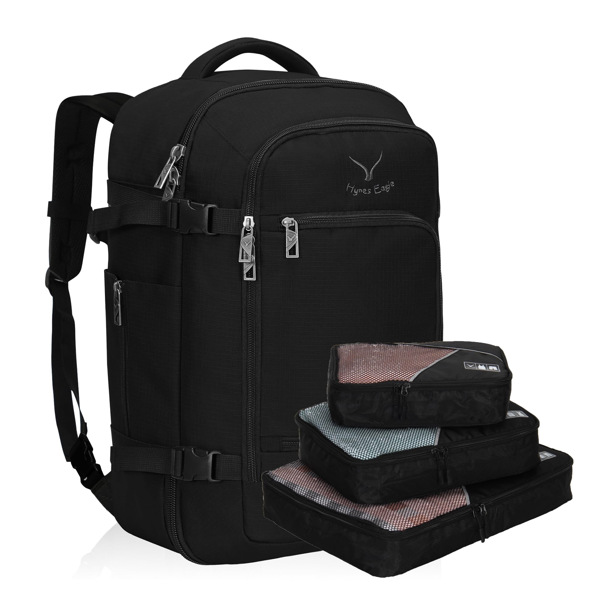Hynes EagleTravel Backpack 40L Flight Approved Carry on Backpack Men Large Cabin Weekender Laptop Backpack Women 15.6 inches Black with 3PCS Packing Cubes Set Black