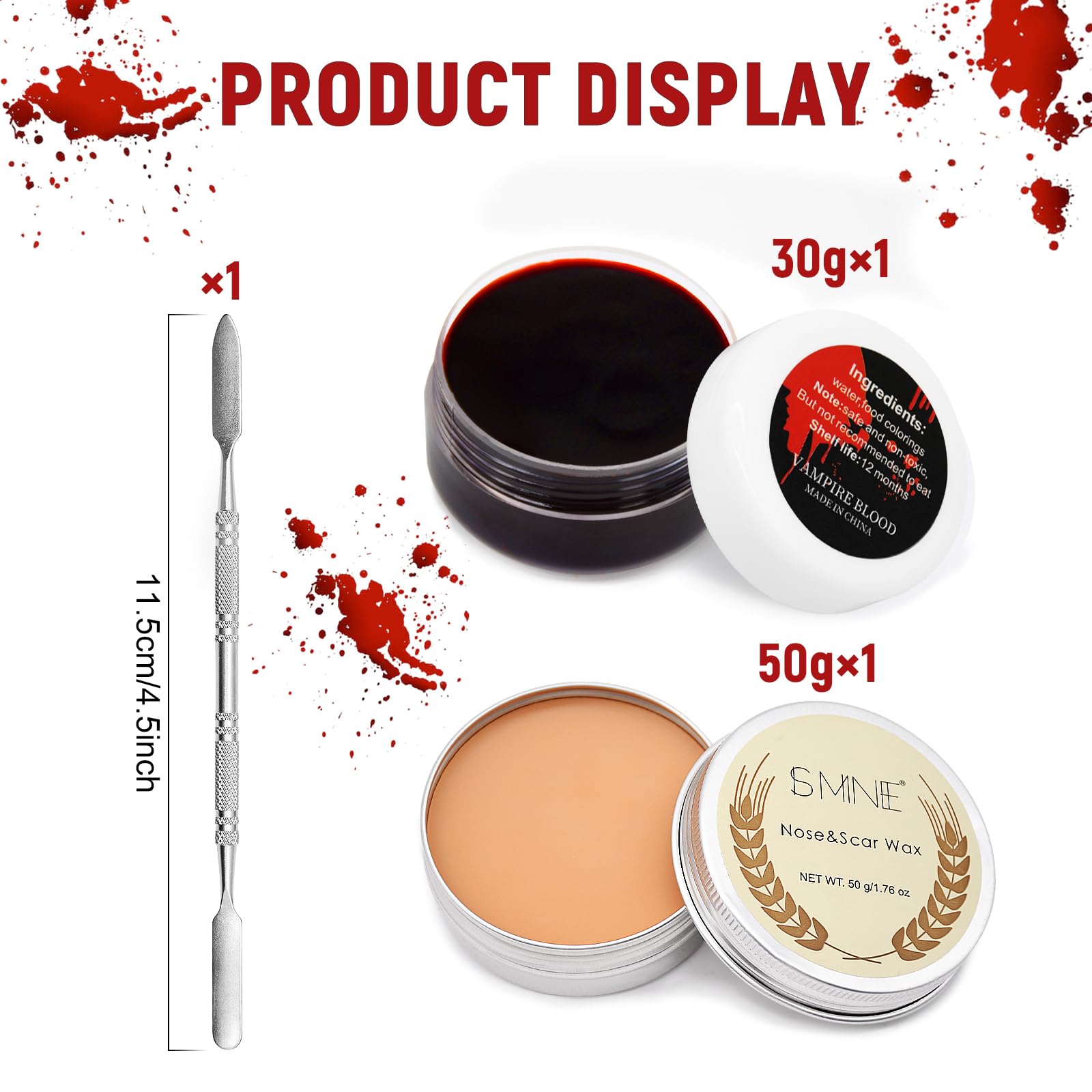 3 Piece Scar Wax SFX Makeup Kit with Fake Blood Gel, Skin Wax, Spatula Tool - Image 2