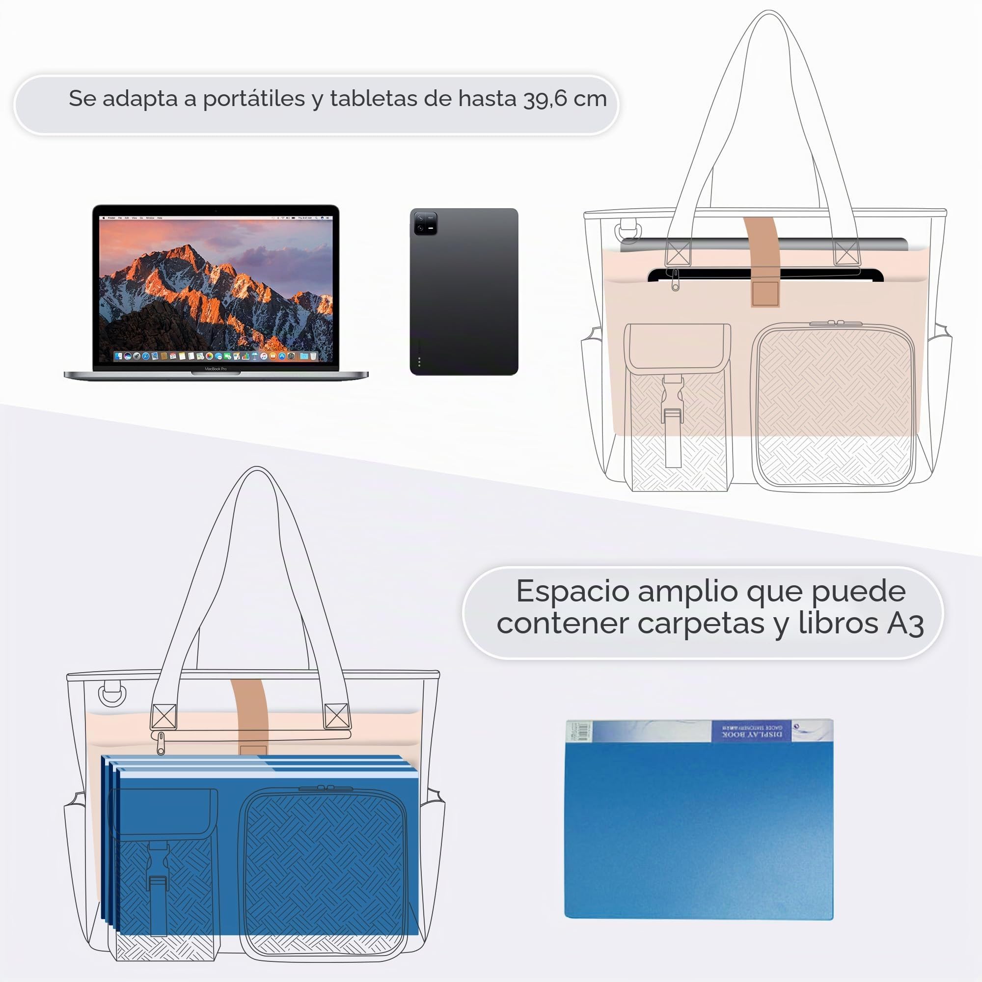 Fasrom Bolsa para Profesora con Compartimento para Portátil 15,6" | Gran capacidad para documentos A3, múltiples bolsillos, banda para maleta, ideal para trabajo, escuela y viajes