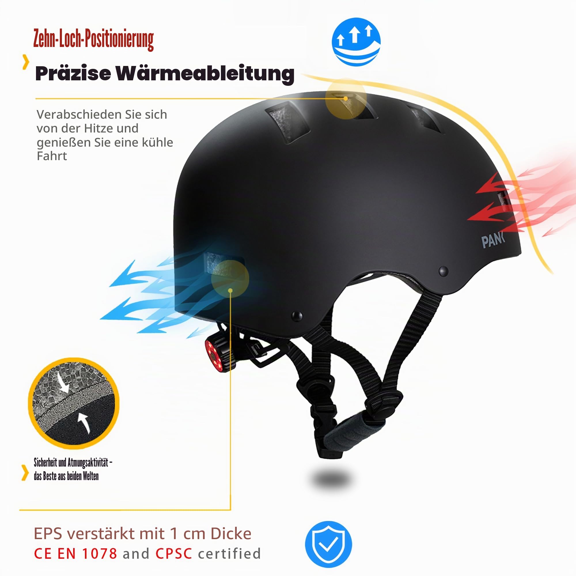 Pank Fahrradhelm für Erwachsene Helm Fahrrad mit Licht und Extra Polster für Damen und Herren Skaterhelm E-Scooter Helm Urban Radhelm Größe verstellbar