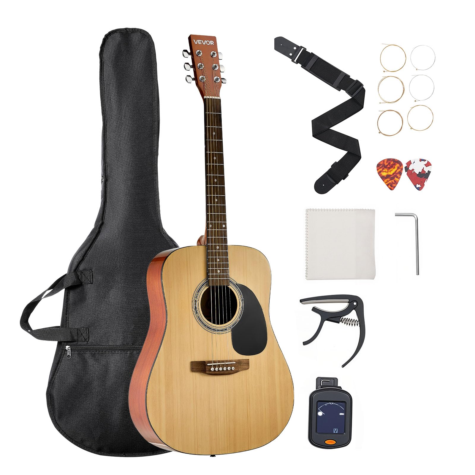 VEVOR Guitare Acoustique Dreadnought 6 Cordes, 103 cm, Table Épicéa Massif, Fond en Acajou, Touche en Palissandre, avec Housse, Accordeur, Sangle, Médiator, Capodastre, pour Adultes, Couleur Naturel