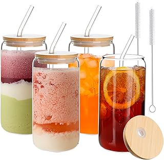 Beer Drinking Glass Cups 4 Pcs Can Shaped Cup Set Cocktail Soda Glasses with Lids and Glass Straw Iced Coffee Cup Tumbler Glasses Tea Whiskey Wine Milk Water Cup 2 Brushes