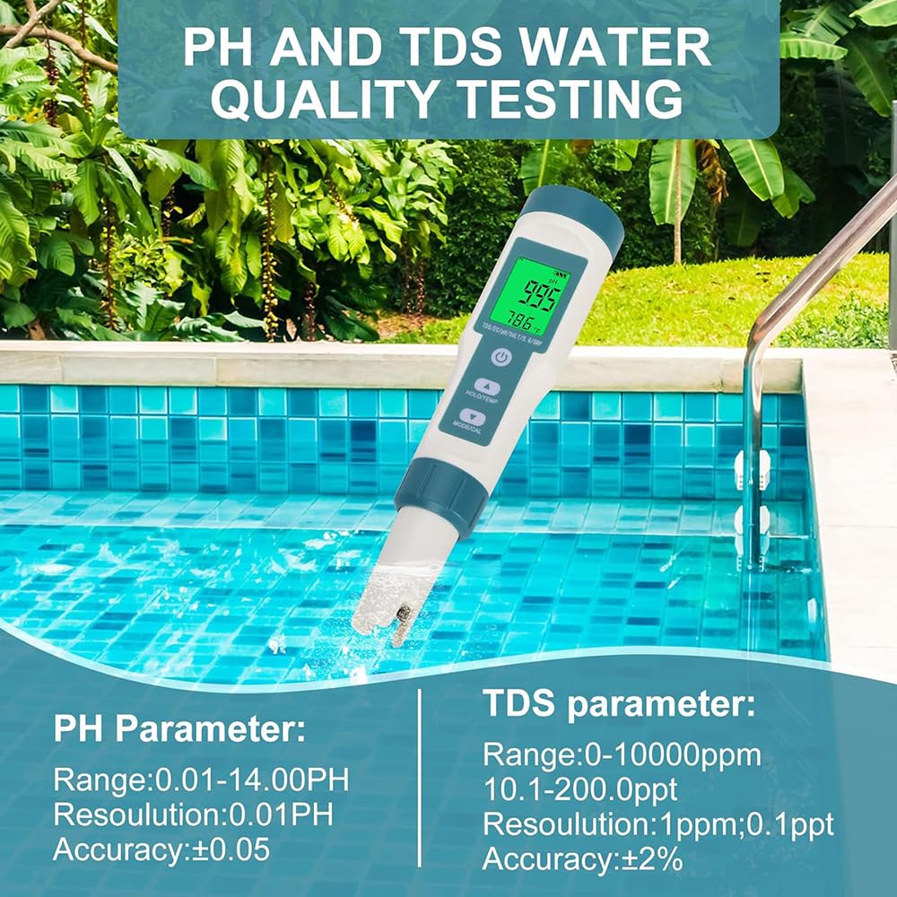Medidor De Calidad del Agua TDS, 7 En 1 PH TDS Temperatura EC Salinidad SG ORP Medición, Garantiza Una Calidad del Agua Saludable, Pantalla LCD con Retroiluminación, para Piscinas