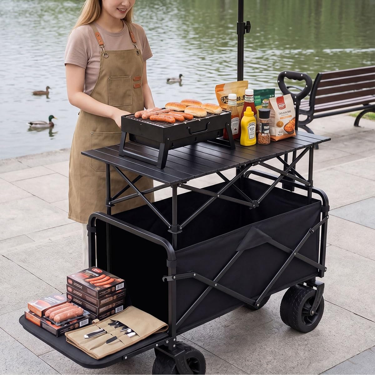 Carrito Venta Plegable, Expositor Street Food Móvil Resistente | Carro Plegable con Toldo y Ruedas, Expositor Alimentario Portátil para Mercados y Helados(Brown)