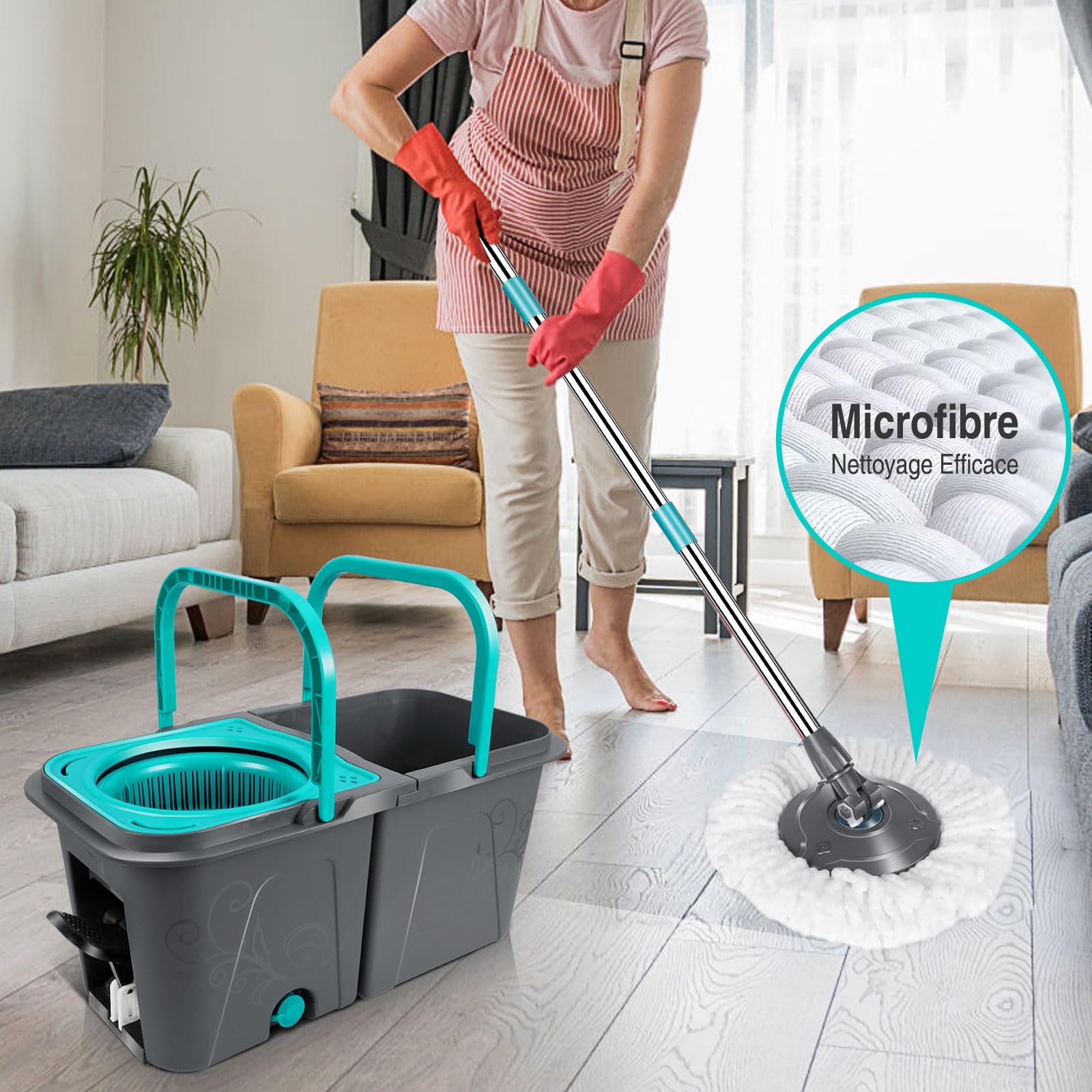 MASTERTOP Balai à Franges et Seau Essoreur à Pédale, Seau Empilable de 2 Bacs à l'eau Sale Séparée, Serpillière Rotative 360° avec Manche Téléscopique et 6 Tampons Microfibre