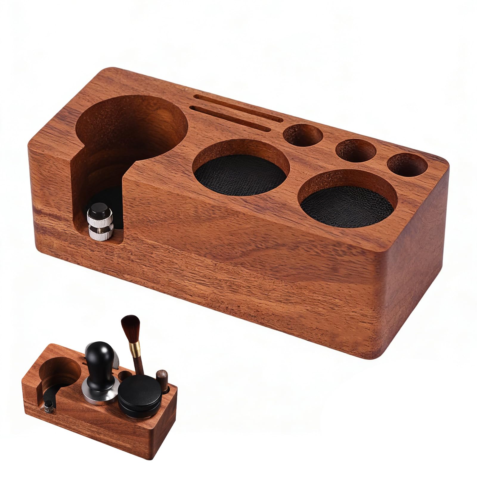 Tokenhigh Espresso Tamping Station, Wooden Coffee Tamper Holder, Natural Walnut Wood Tamper Stand for 54mm Portafilters, Non-Slip Base, Home Barista Coffee Accessories (54mm)