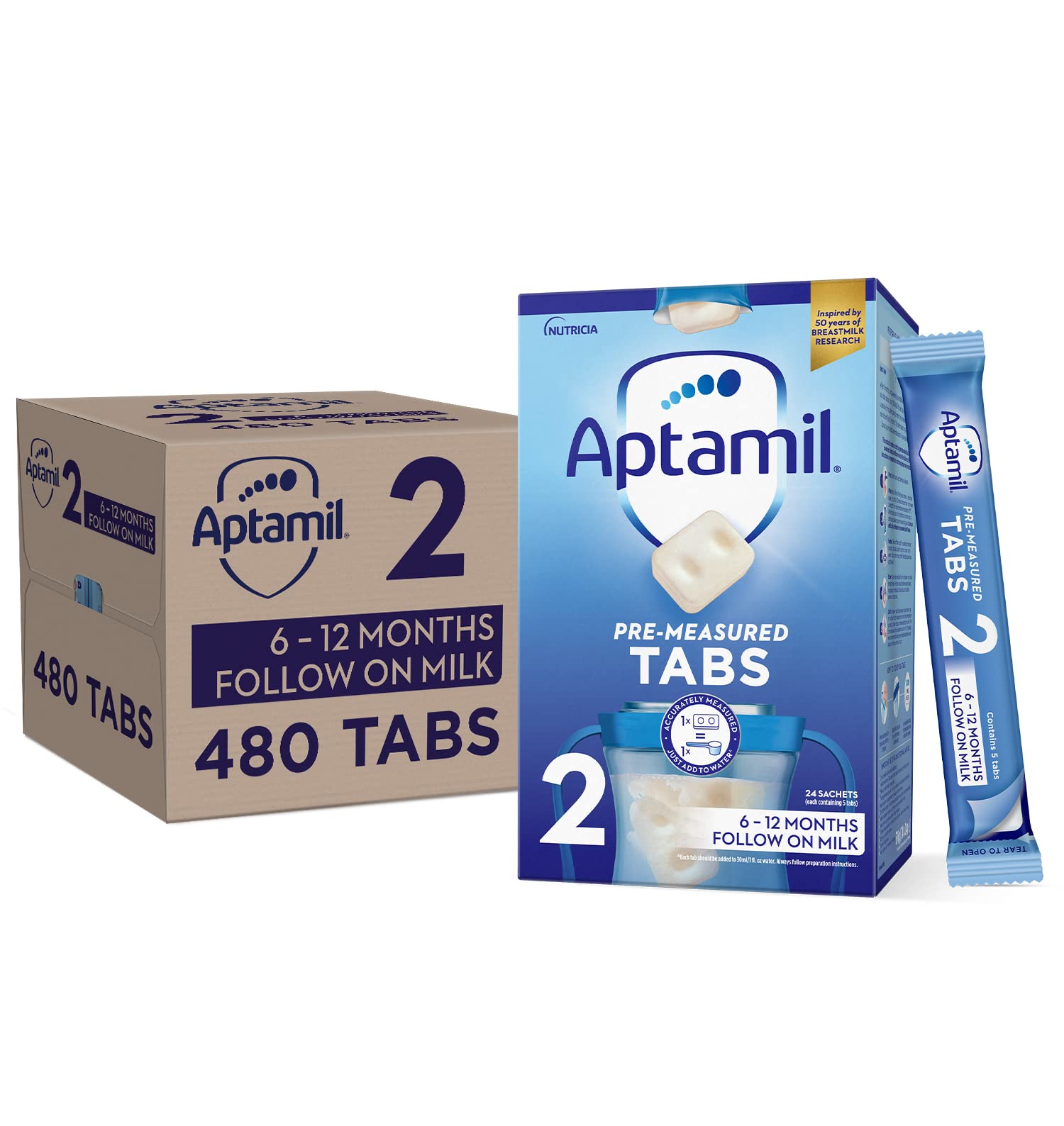 Aptamil2 Follow On Baby Milk Formula Pre-Measured Tabs, 6-12 Months, 120 Tabs (Pack of 4) - 1 tab = 1 scoop (24g)