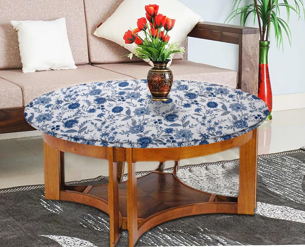 Image of The Furnishing Tree Elastic Cotton Round Center Table Cover 18x18 in Inches Floral Blue on White Base