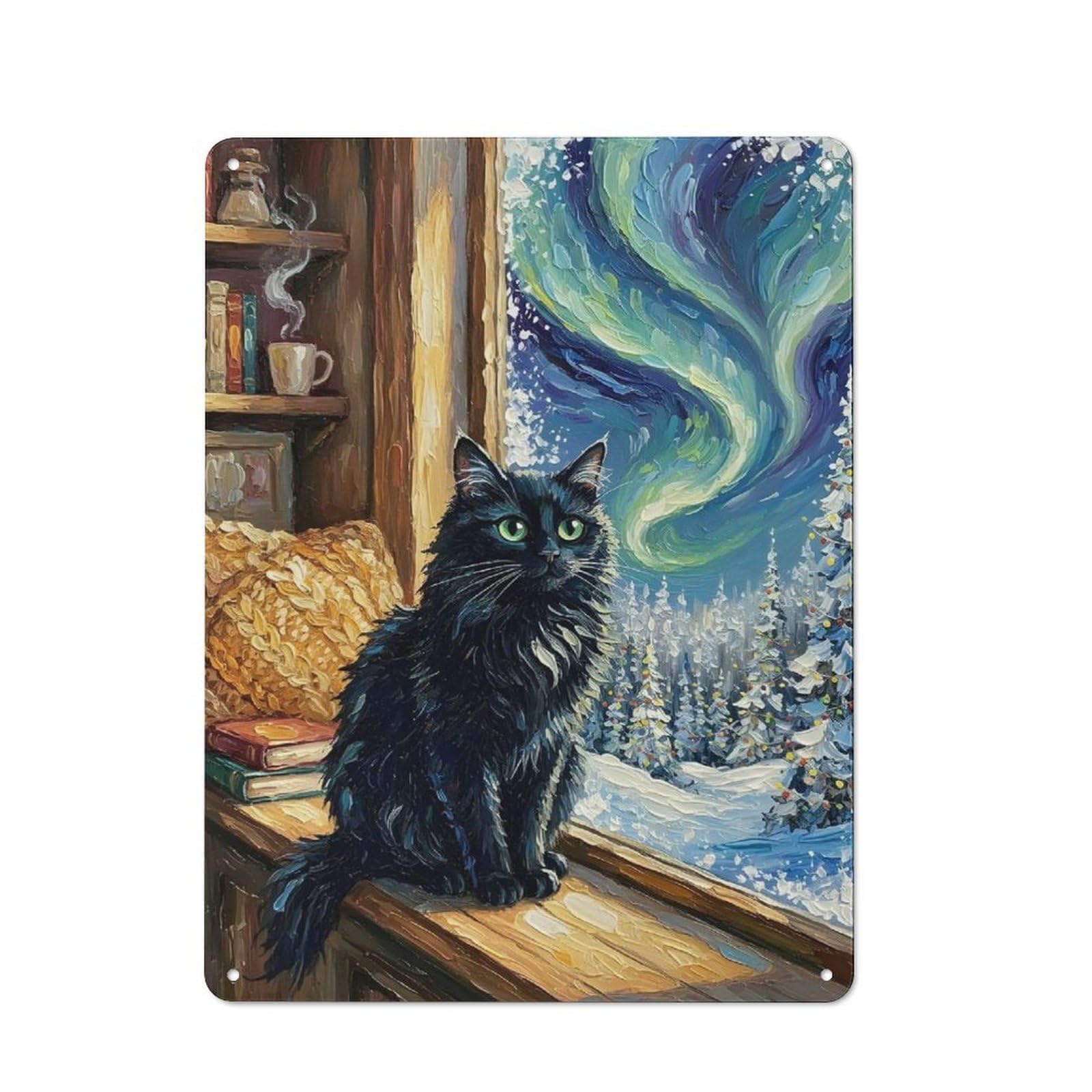 Junmoney Style-6 Bistro Style Bistro Metal Sign 40X30cm Featuring Black Cat By Window With Aurora, Shop Wall Decor For Takeaway, Bar, Kitchen Or Counter Area