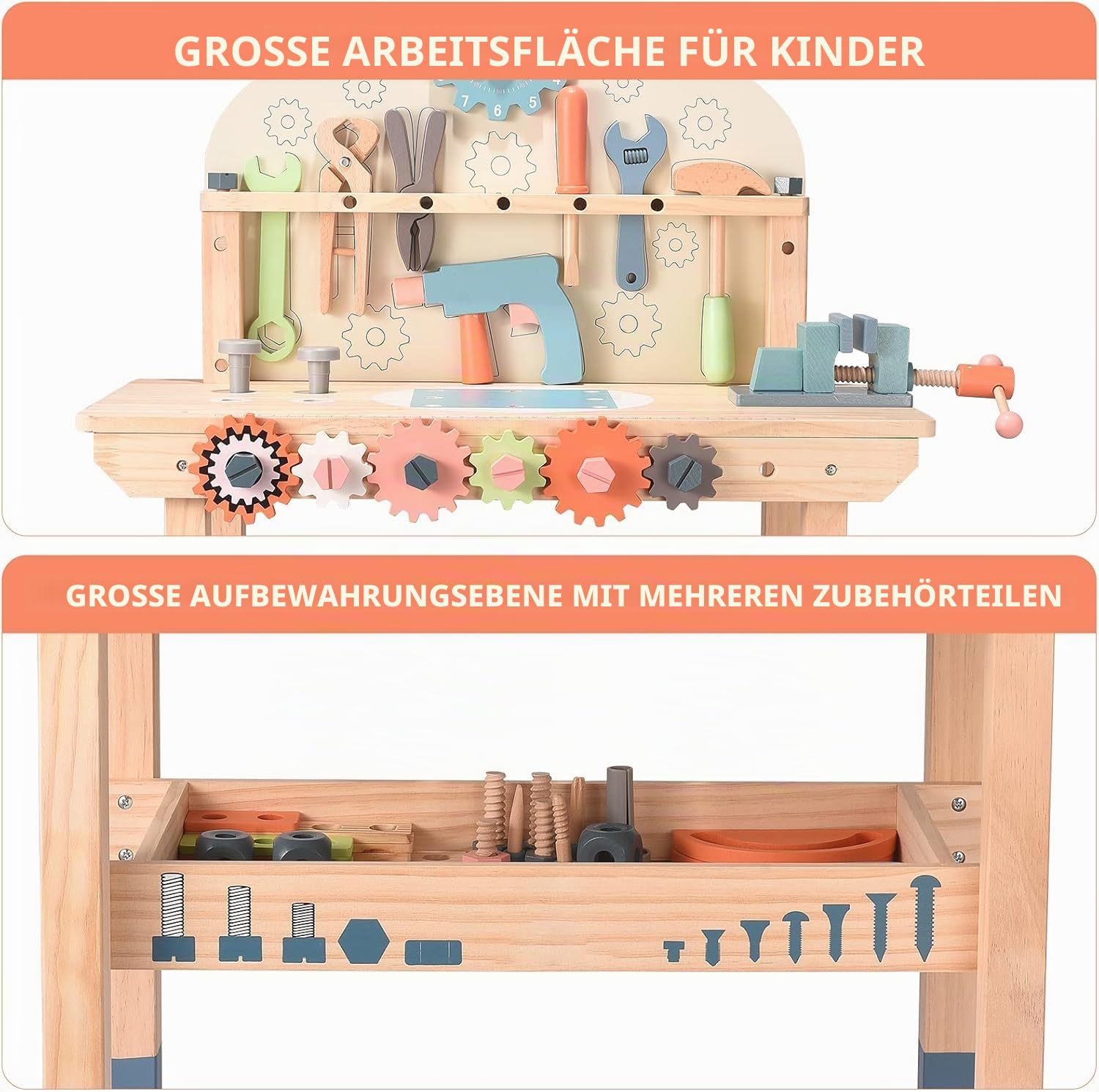 Werkbank aus Holz für Kinder, Spielwerkzeuge, Werkzeugbank aus Holz, Multifunktionswerkzeug, zum Entfernen von Schrauben und Muttern, für Kinder ab 3 Jahren