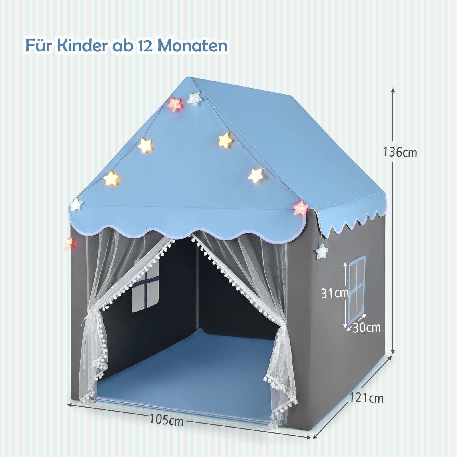 DREAMADE Kinderspielzelt Spielzelt für Kinder mit gepolsterter Decke und Lichterkette, Kinder Spielhaus mit Netzvorhang und Fenstern, Kinderzelt für Jungs & Mädchen, für Indoor und Outdoor (Blau)