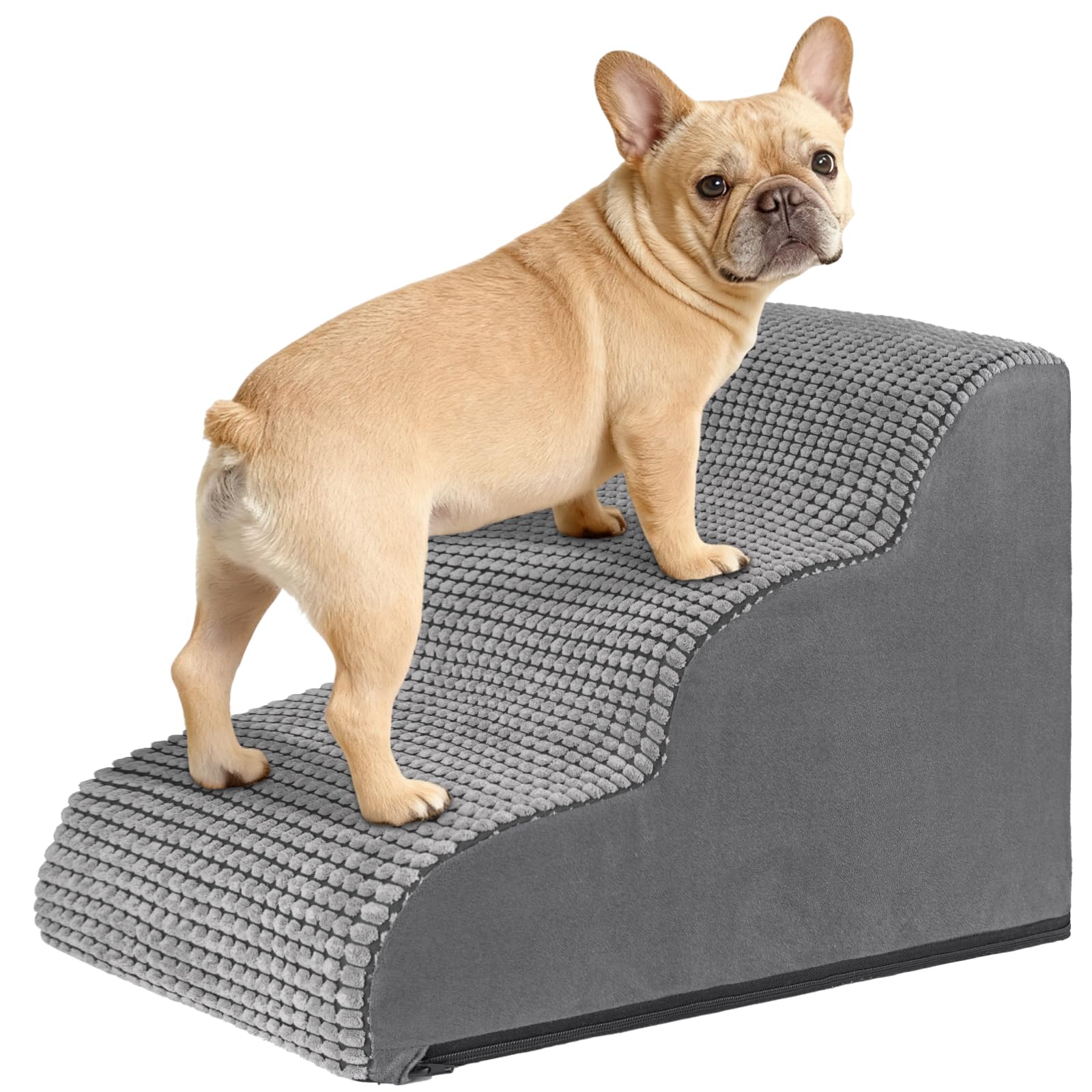 Hundetreppe für Kleine Hunde 40 cm Hoch, 3 Stufen Haustiertreppe für Bett und Sofa, Hunde Treppe Hunderampe mit Waschbarem Bezug und Rutschfestem Boden, Hochdichtem Schwamm 57x40x40cm, Grau
