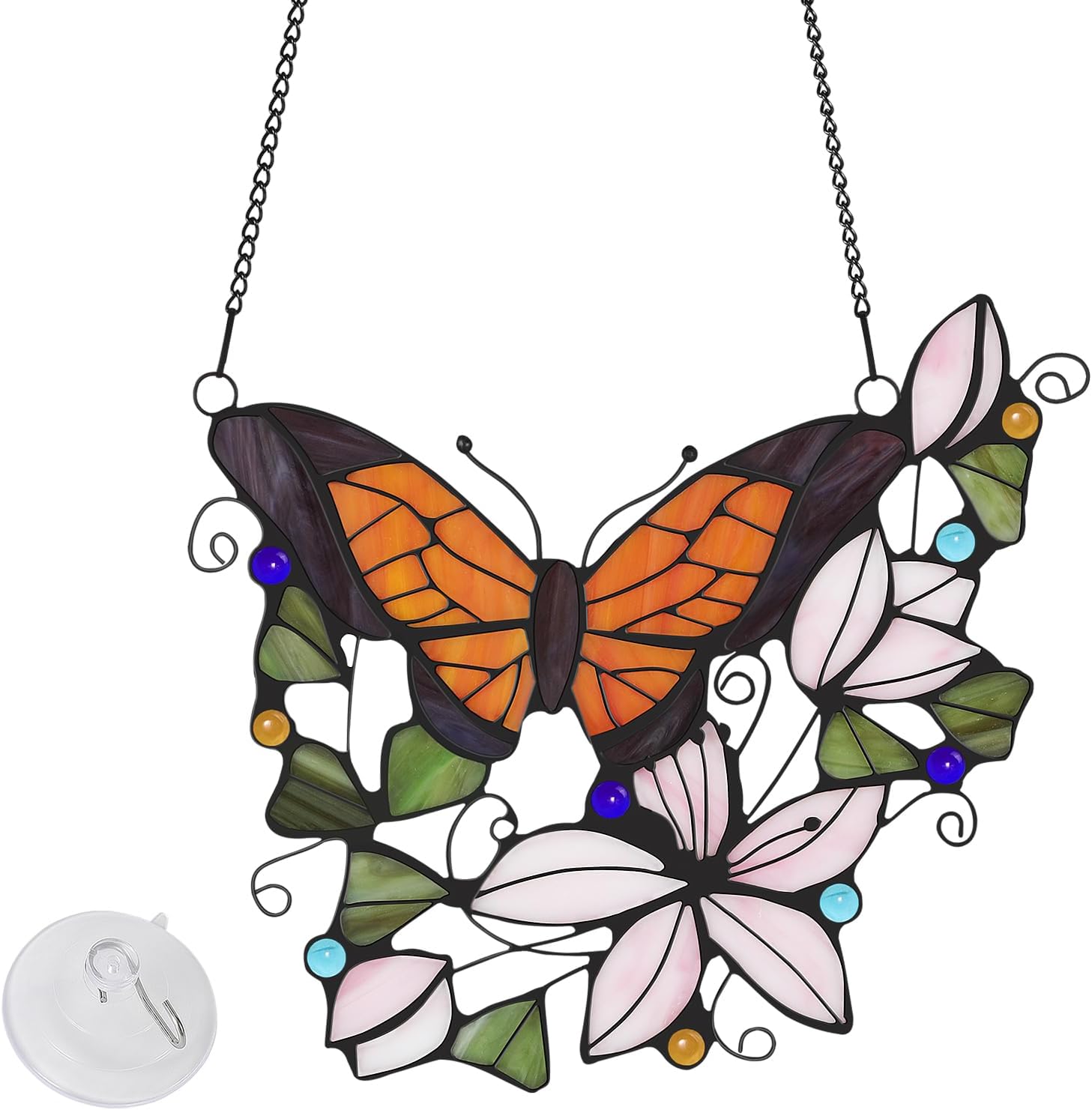 Lewondr Plant Stained Glass Window Hanging, Handcrafted Stained Glass Panels Decoration with Chain and Suction Cup Hook, Artificial Faux Plant Window Home Decor Wall Art for Mom Plant Lovers, Green