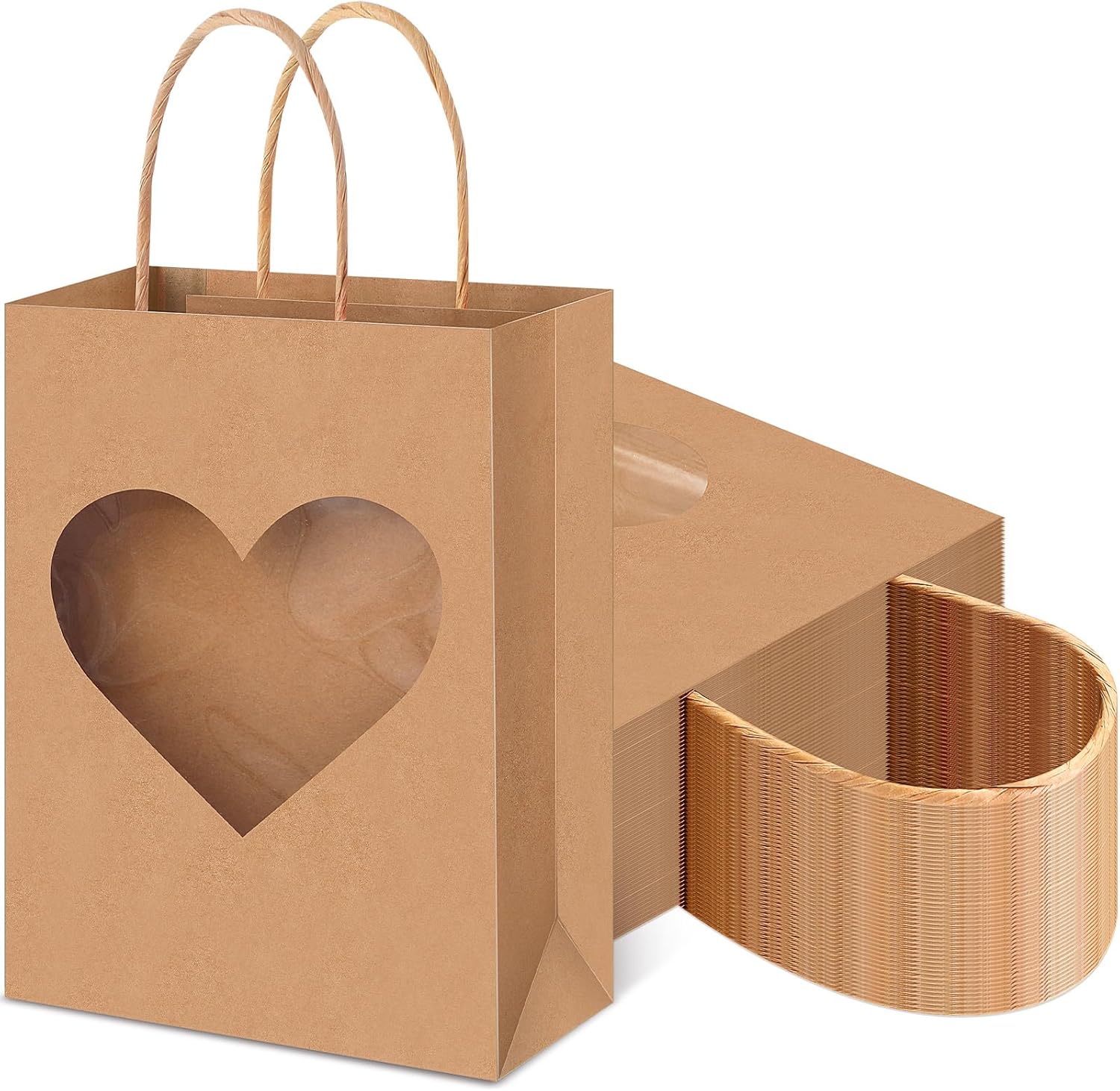 Eersida 48 Pcs Valentine's Day Gifts Bags with Heart Window Kraft Brown Paper Goodie Bag Bulk Holiday Candy Treat Wrapping with Handle for Galentines Wedding Birthday Party Supplies, 8.3"x5.9"x3.2"